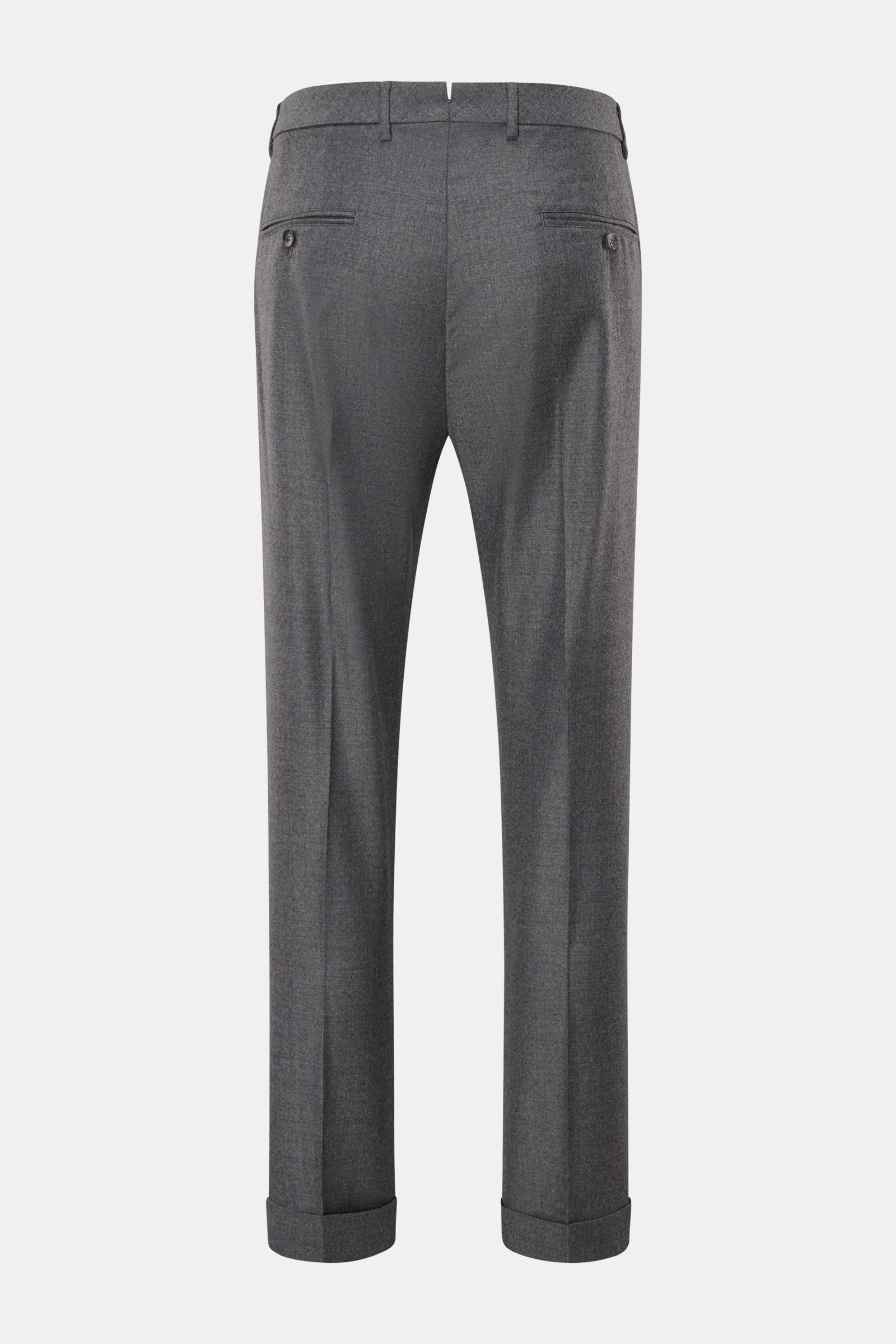 GTA Wollhose 'Luca' dunkelgrau meliert shown from the back, knöchellang cropped wool pants with tapered fit, soft twill texture, flexible Waist Comfort Band, double pleats, French pockets, buttoned welt back pockets, and fixed cuff. Made from a wool and c