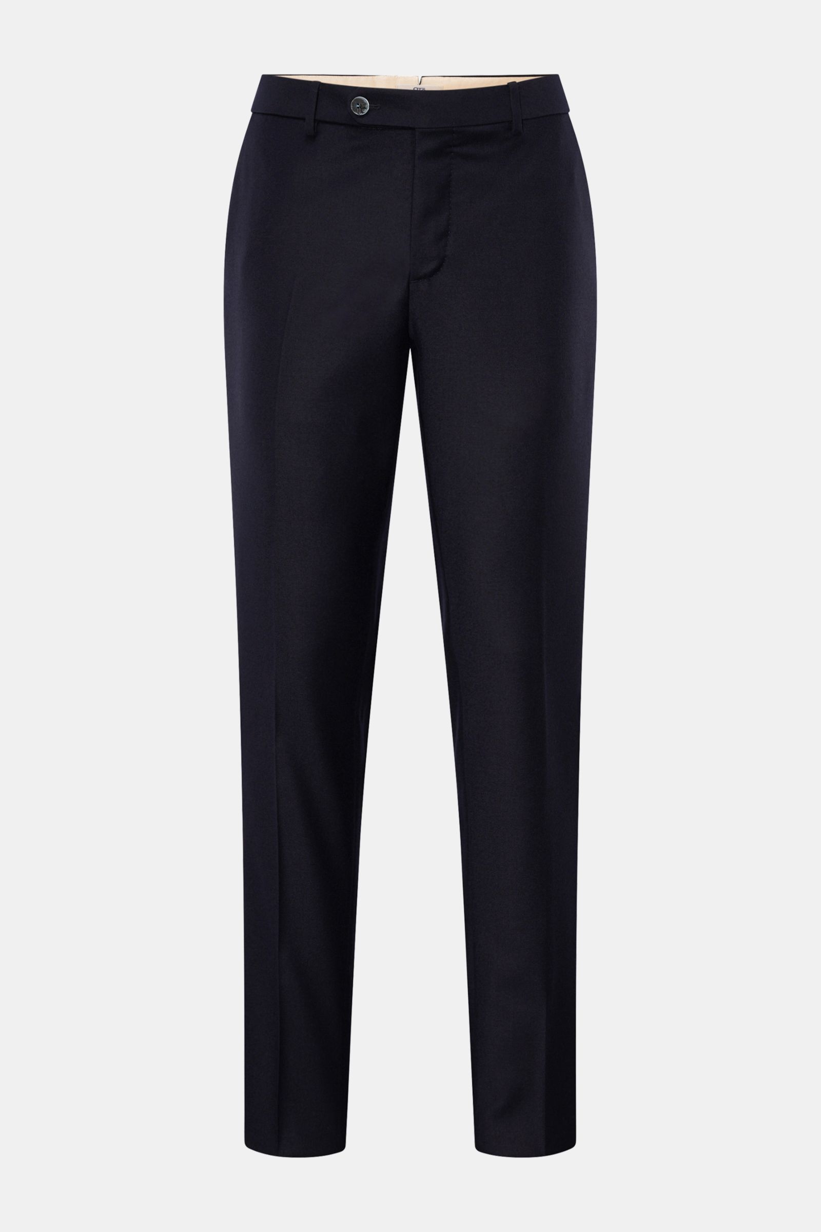 Front view of GTA Wollhose 'Federico' navy, pure wool pants with lightweight, slightly elastic quality, soft touch, regular fit, slightly tapered legs, zipper and button closure, elastic waistband insert, French pockets, welted back pockets with button, a