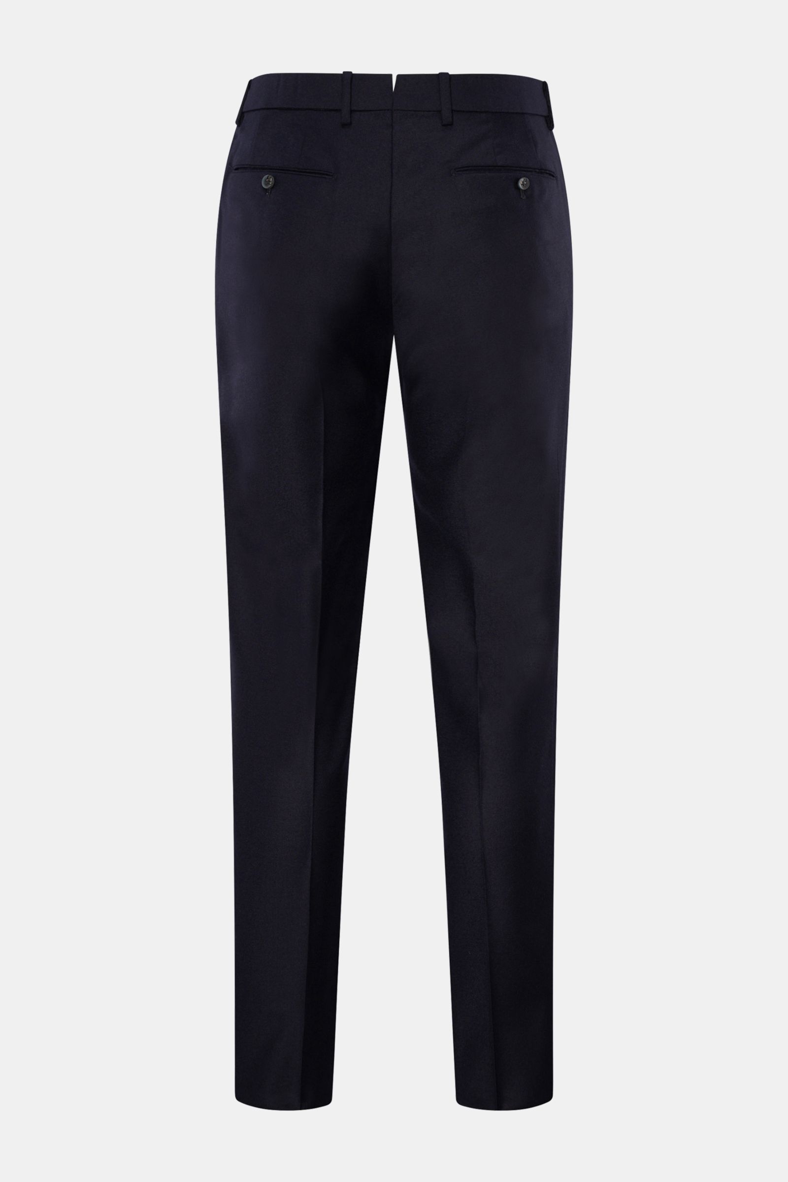 GTA Wollhose 'Federico' navy shown from the back, made of reine Wolle with leicht elastische Qualität, weicher Griff, leichte Qualität, Regular Fit, leicht schmal zulaufend, Reißverschluss und Bundknopf, elastischer Einsatz im Hosenbund, französische Tasc