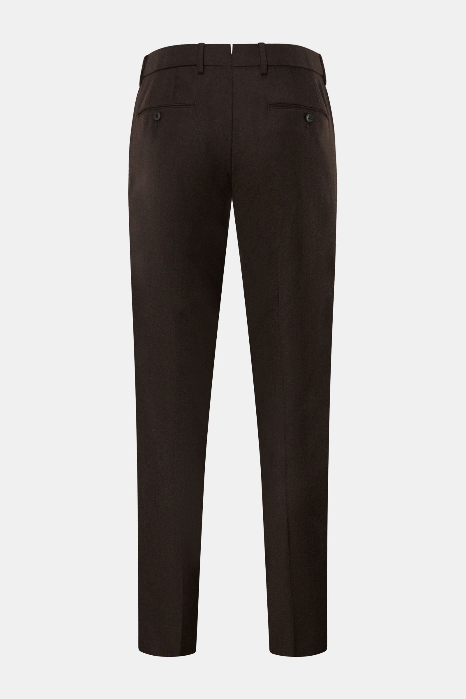 GTA Wollhose 'Federico' dunkelbraun aus reiner Wolle, leicht elastisch, weicher Griff, Regular Fit, schmal zulaufend, Rückansicht mit Reißverschluss, Bundknopf, elastischem Einsatz, französischen Taschen, paspelierten Gesäßtaschen mit Knopf und offener Sa
