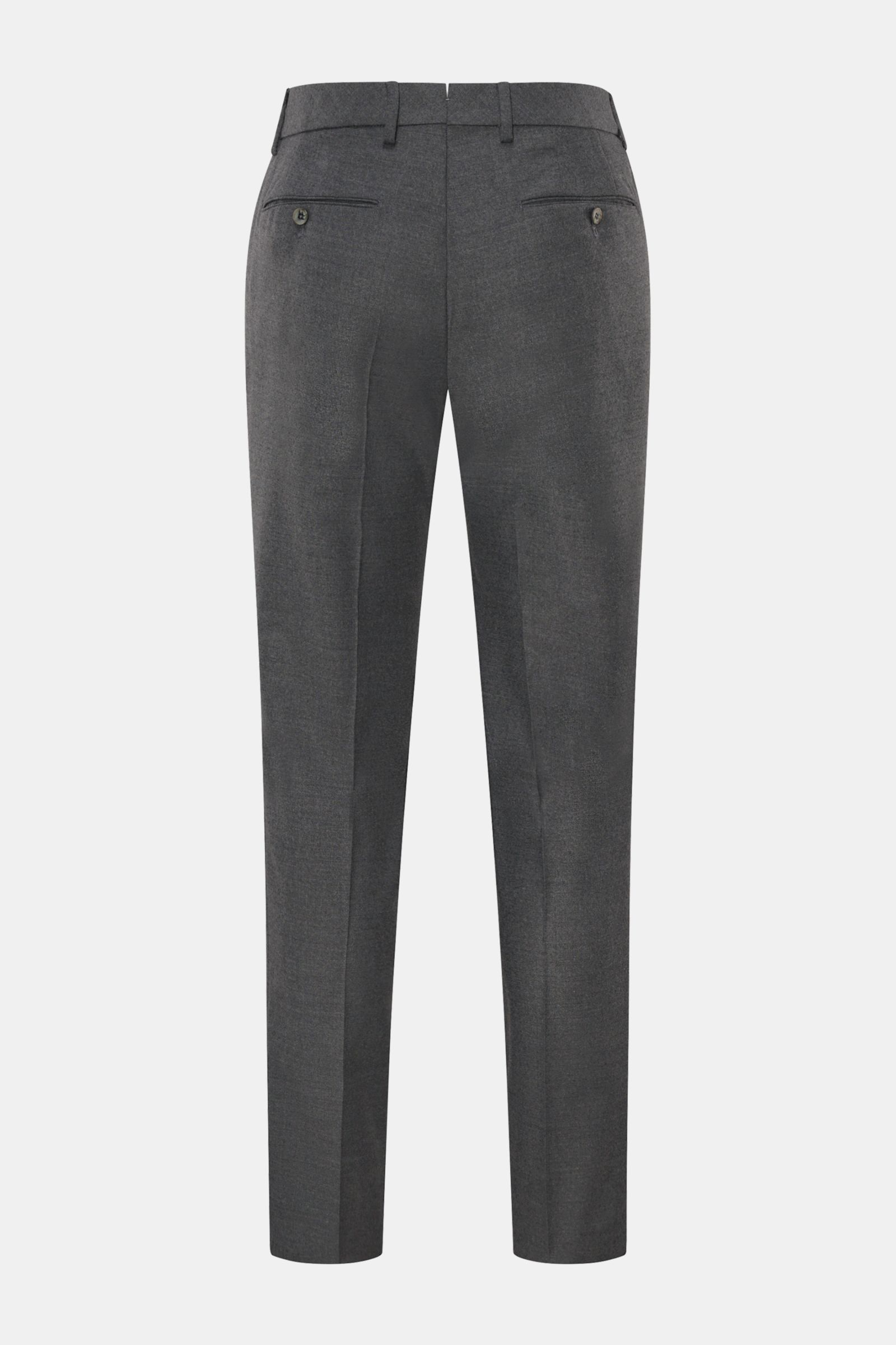 GTA Wollhose 'Federico' grau meliert, Rückansicht, reine Wolle, leicht elastisch, weicher Griff, Regular Fit, schmal zulaufend, Reißverschluss, Bundknopf, elastischer Bund, französische Taschen, paspelierte Gesäßtaschen, offene Saumlänge.