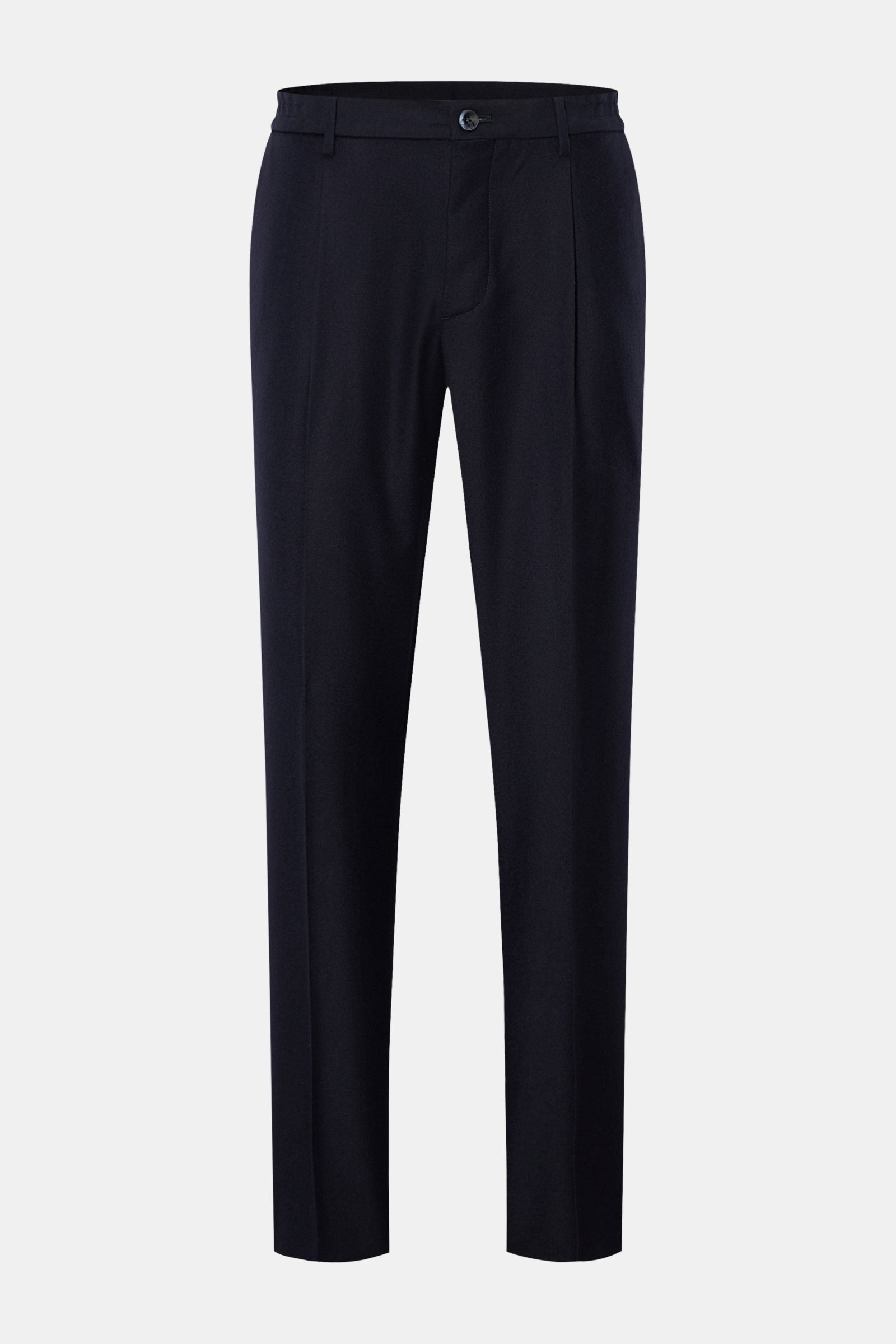 GTA Woll-Jogpants 'Dennis' navy, knöchellang, schmal zulaufend, reine Schurwolle, elastischer Bund, Reißverschluss, französische Taschen, Frontansicht.