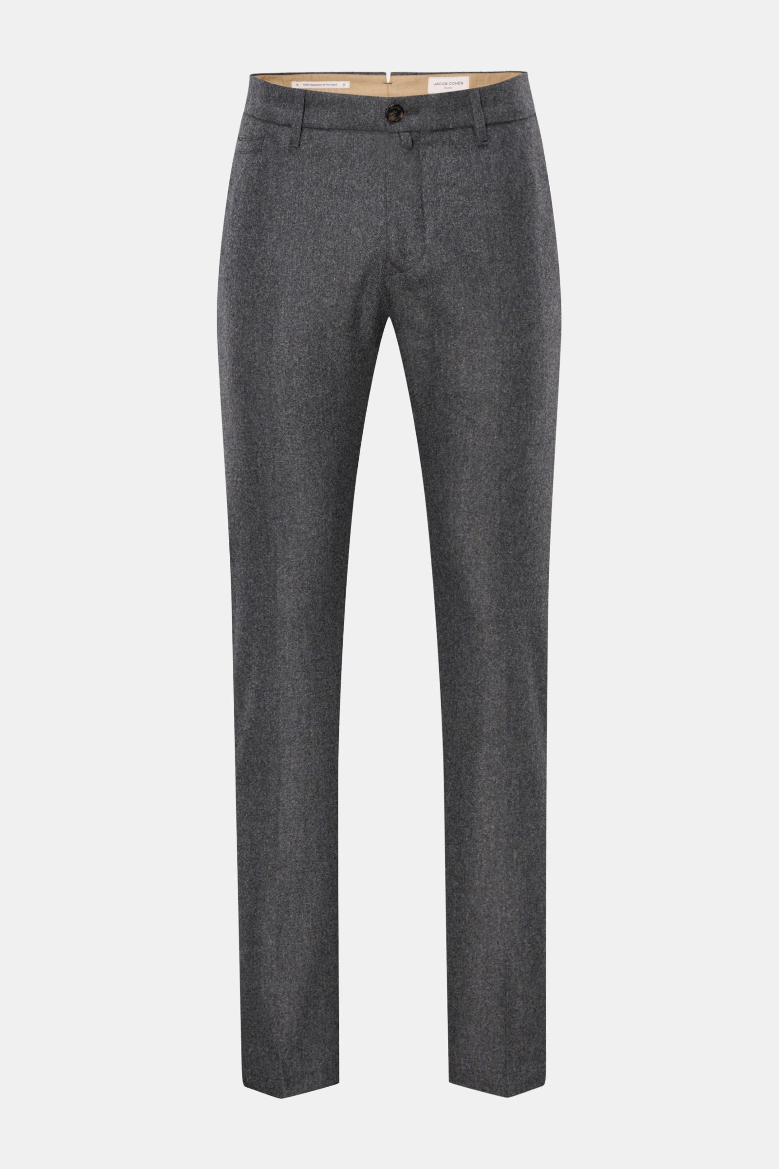 Front view of Jacob Cohen Wollhose 'Bobby' dunkelgrau meliert wool pants, Slim Fit, narrow tapered, pure wool, slightly elastic, soft touch, zipper and button closure, French pockets, piped coin pocket, back buttoned pockets, small suede patch.