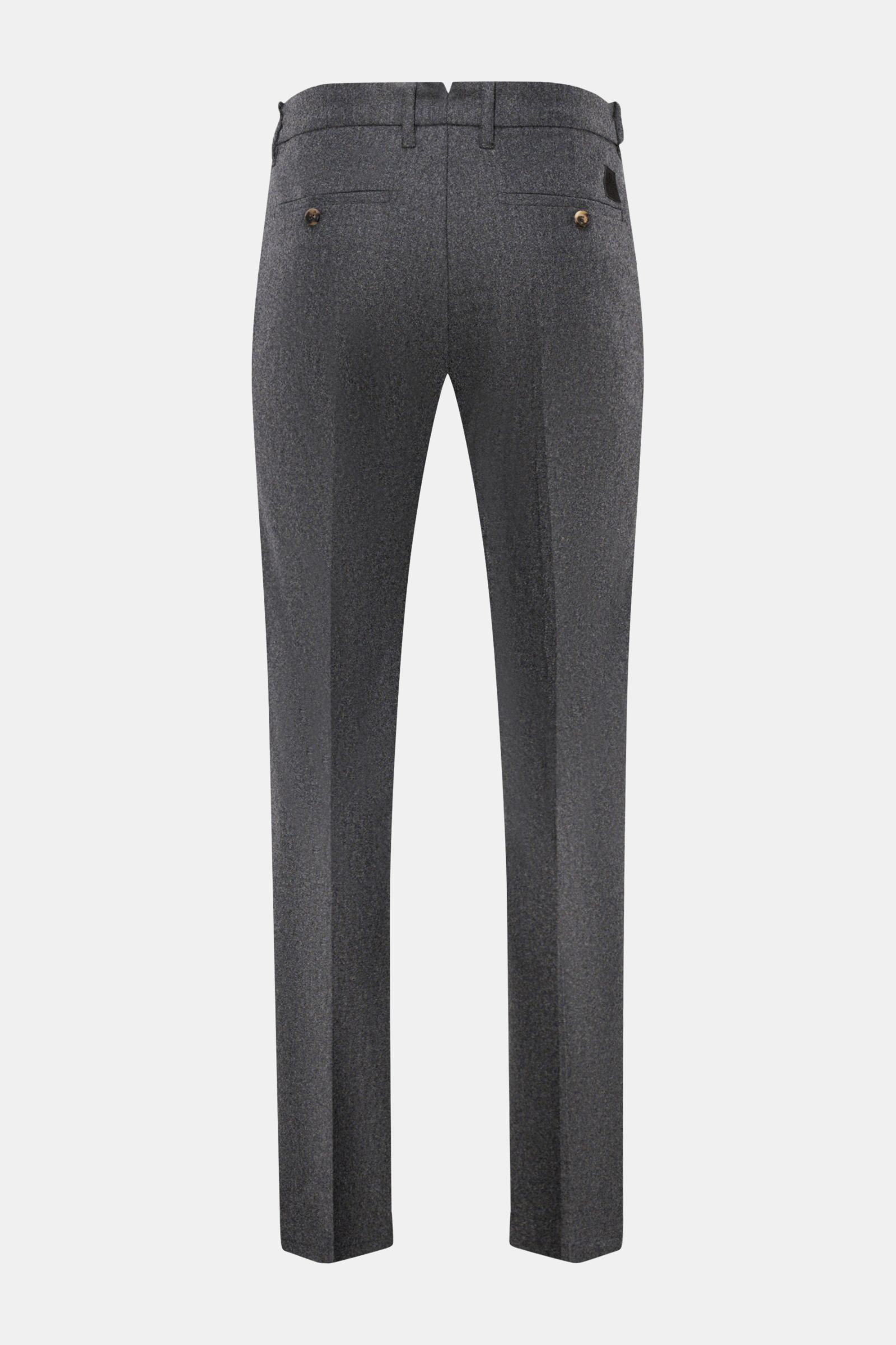 Jacob Cohen Wollhose 'Bobby' dunkelgrau meliert shown from the back, slim fit, pure wool, leicht elastische Qualität, weicher Griff, schmal zulaufend, Reißverschluss und Bundknopf, französische Taschen, paspelierte Münztasche, Gesäßtaschen mit Knopf, klei