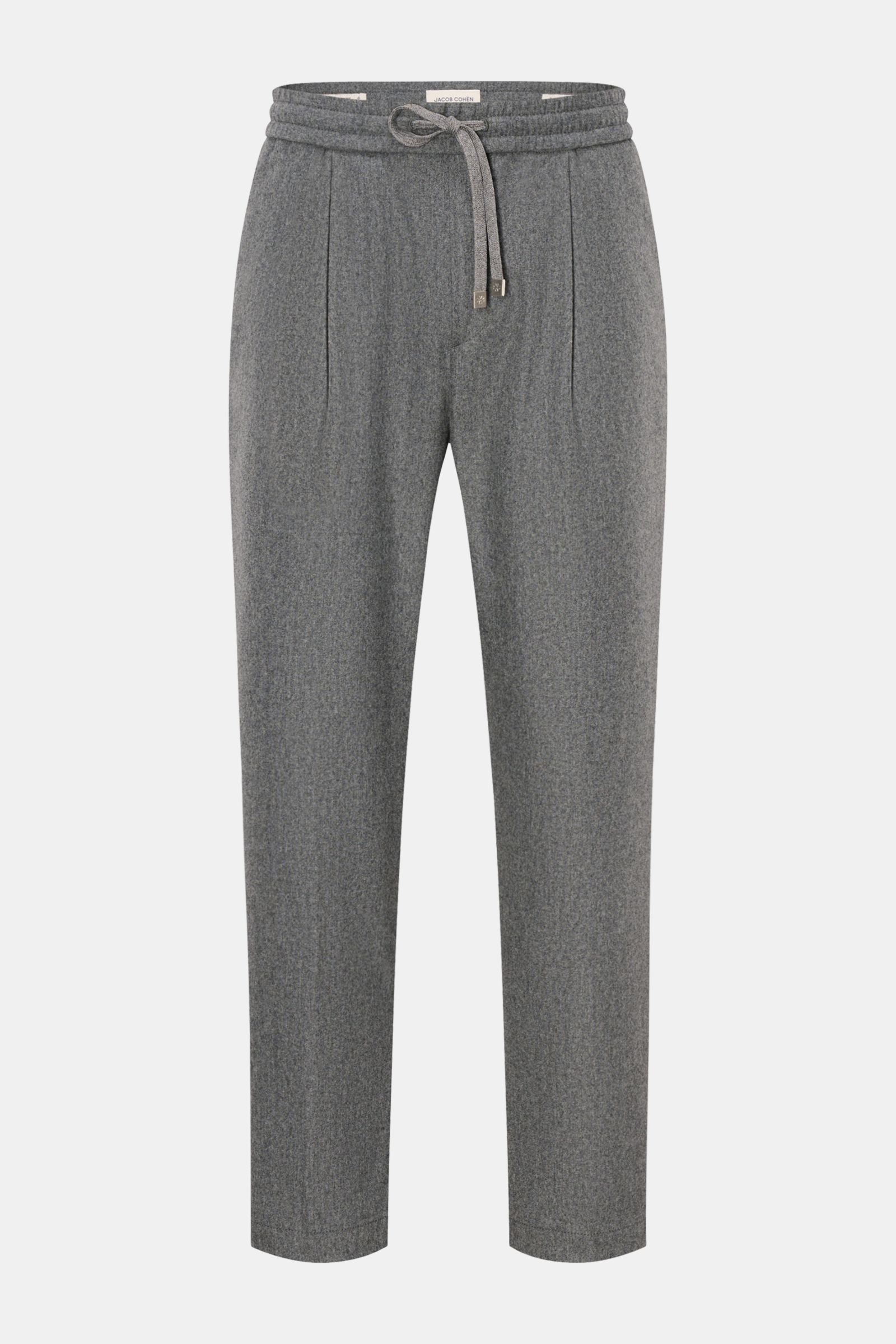 Jacob Cohen Woll-Jogpants 'Daniel' grau meliert, frontale Ansicht, elastische Schurwolle, Tapered Fit, Bund mit Tunnelzug, Taschen seitlich, paspelierte Gesäßtaschen, Verloursleder-Patch.