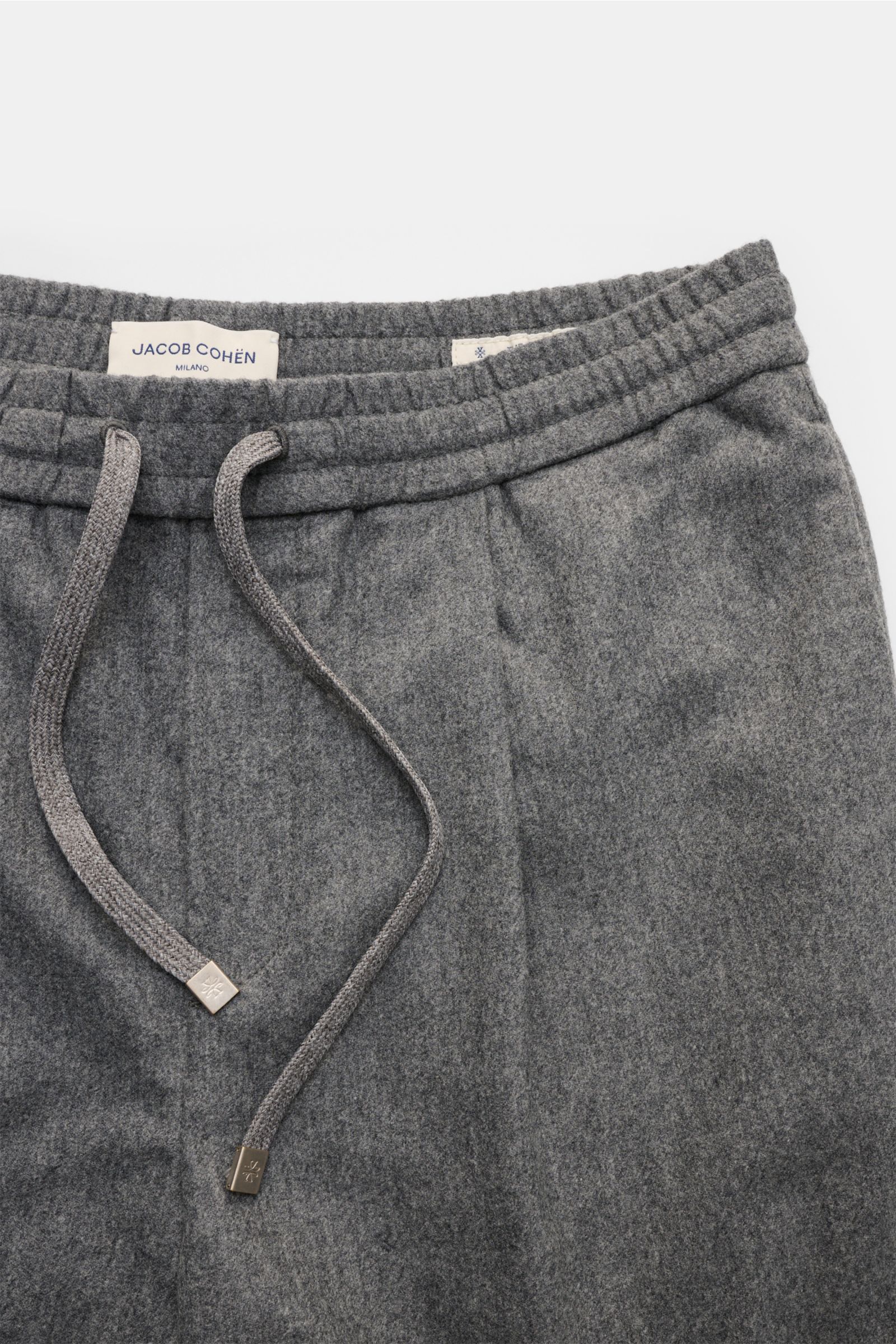 Jacob Cohen Woll-Jogpants 'Daniel' grau meliert, Detailaufnahme von oben, elastischer Bund mit Tunnelzug aus weicher, elastischer Schurwolle.