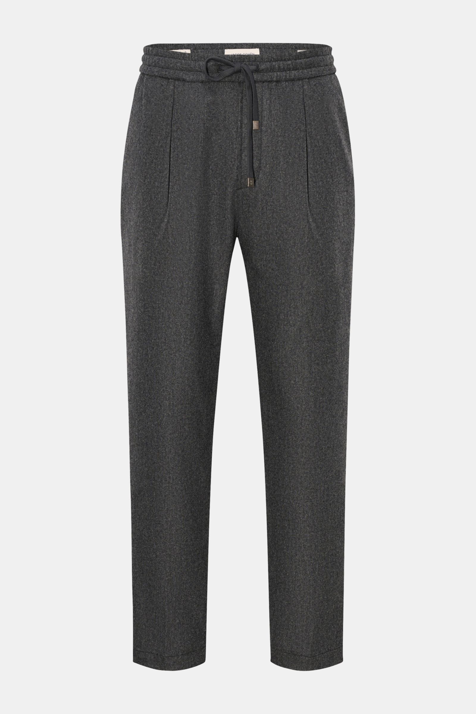 Jacob Cohen Woll-Jogpants 'Daniel' dunkelgrau meliert, Frontansicht, Tapered Fit, elastischer Bund mit Tunnelzug, Schurwolle, Taschen, kurze Länge.