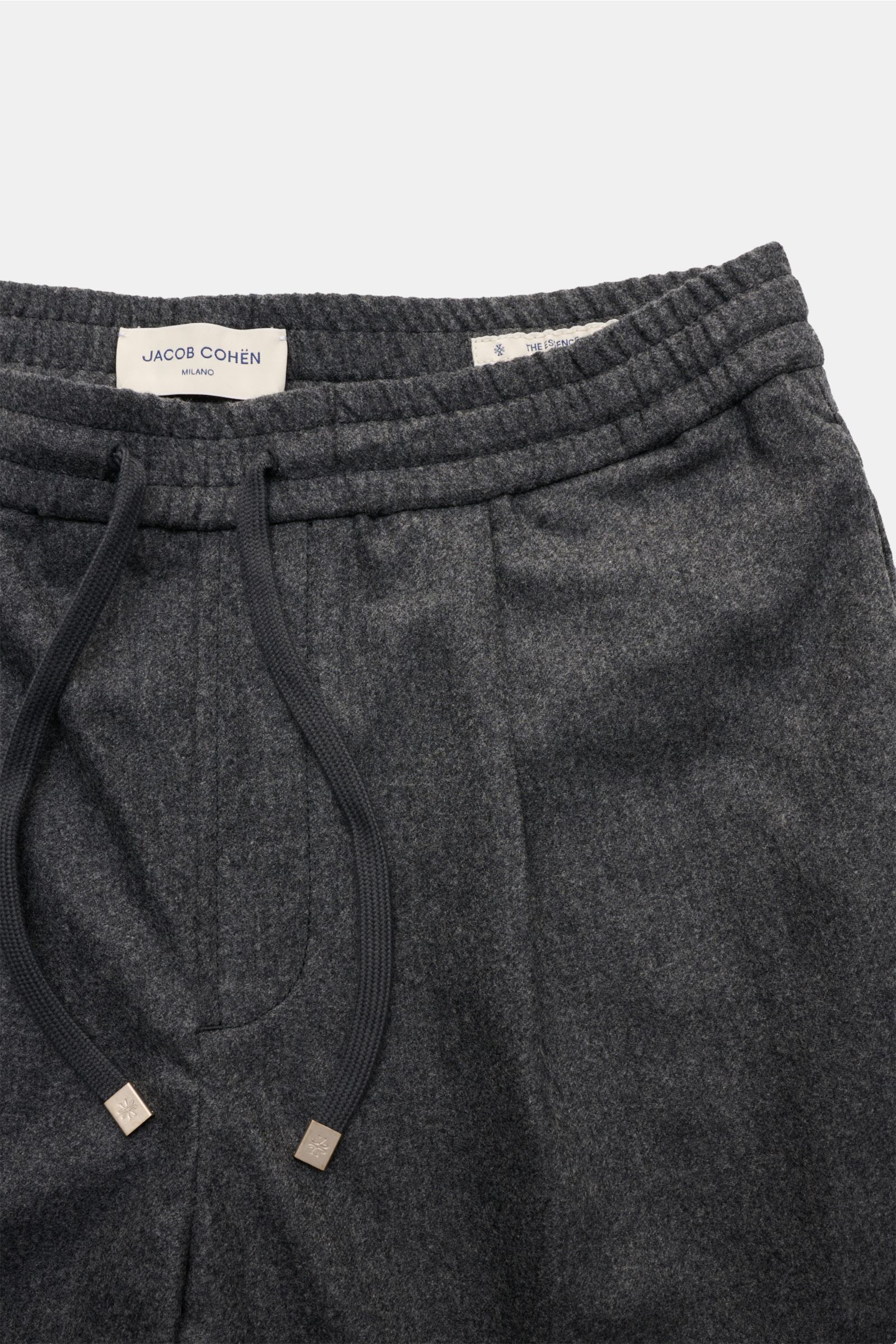 Jacob Cohen Woll-Jogpants 'Daniel' dunkelgrau meliert, Nahaufnahme von Bund mit elastischem Tunnelzug, Bundfalte und weicher Schurwolle.