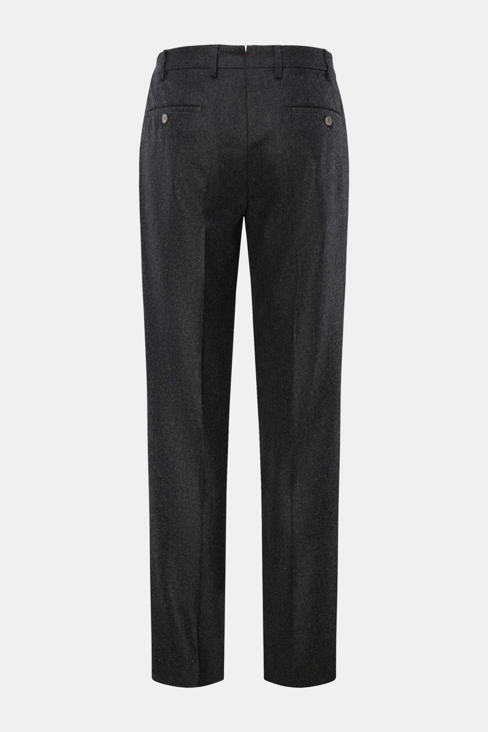 Hiltl Wollhose 'Piacenza' dunkelgrau meliert shown from the back, featuring a straight cut, regular fit, buttoned back pockets, and wool twill fabric. Office Essential: Die HILTL Hose 'Piacenza' vereint präzise Schneiderkunst mit modernem Komfort und w