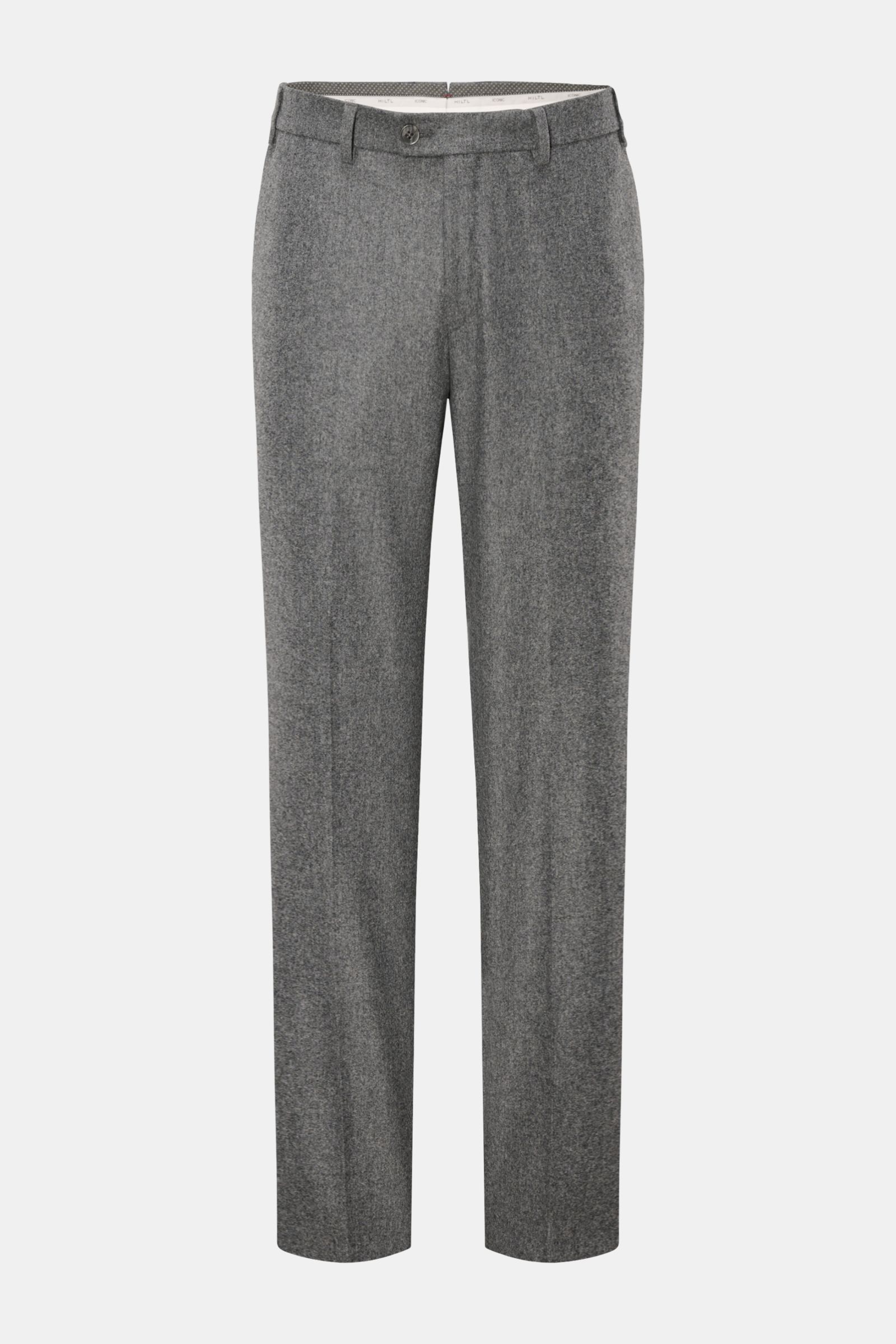 Hiltl Wollhose 'Piacenza' grau meliert, Frontansicht, Regular Fit, gerader Schnitt, Twill aus reiner Wolle, Bundknopf, Reißverschluss, französische Taschen, Gesäßtaschen mit Knopf, offene Länge.