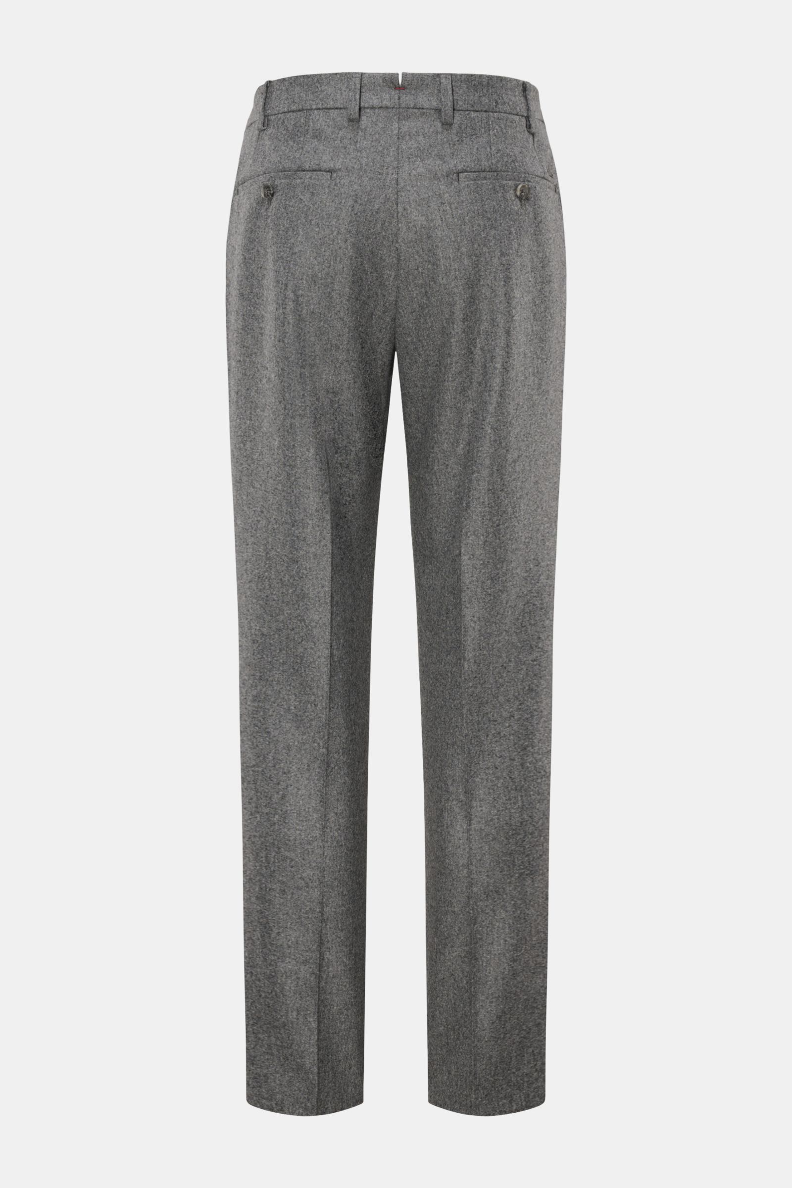 Hiltl Wollhose 'Piacenza' grau meliert, Rückansicht, Twill Wolle, Regular Fit, gerader Schnitt, französische Taschen, Gesäßtaschen mit Knopf.