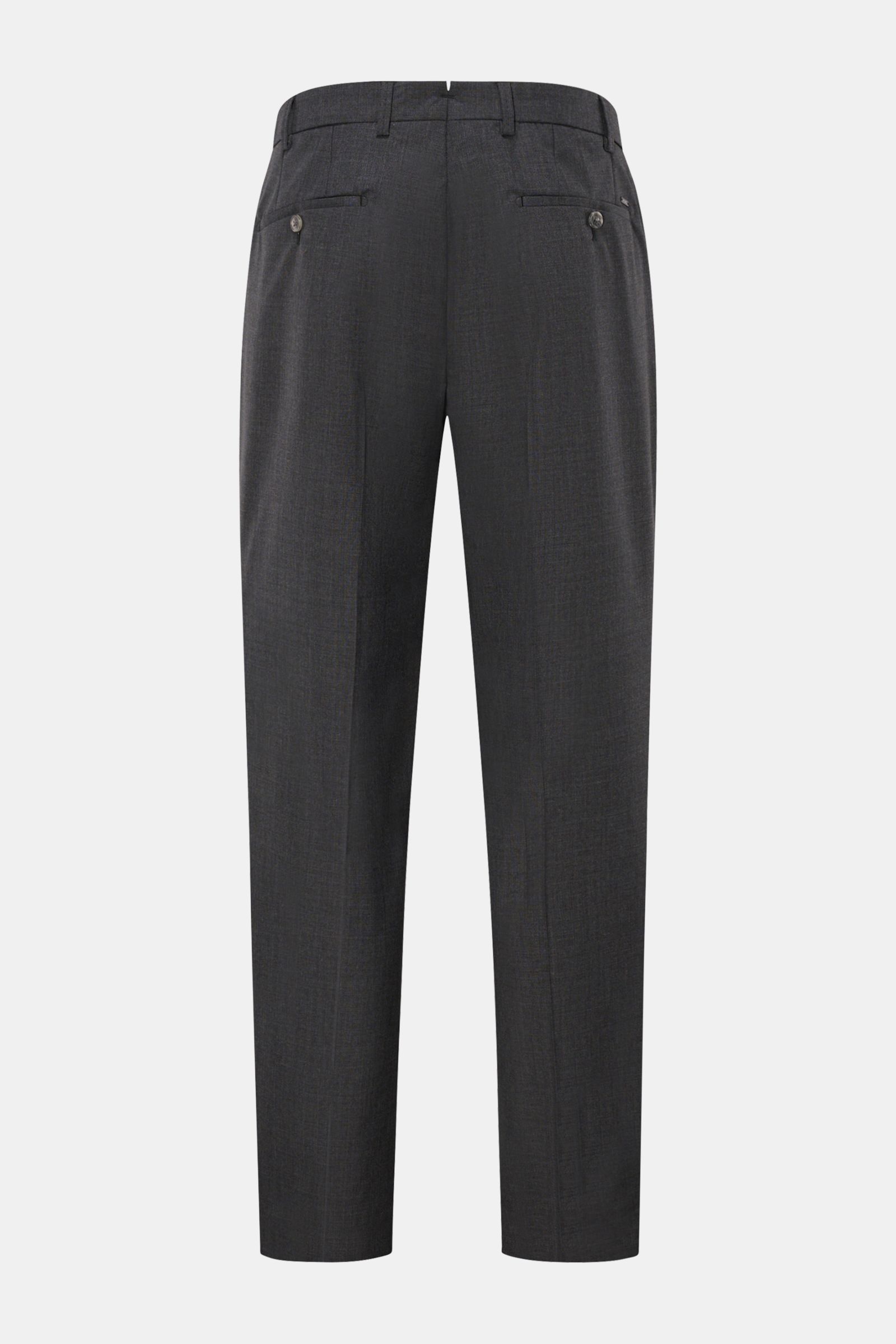 Rückansicht der Hiltl Wollhose 'Piacenza' anthrazit meliert aus reiner, feinster Wolle, feinem Twill, glattem Griff, Regular Fit, geradem Schnitt, mit Reißverschluss, Bundknopf, französischen Taschen, Gesäßtaschen mit Knopf und offener Länge.