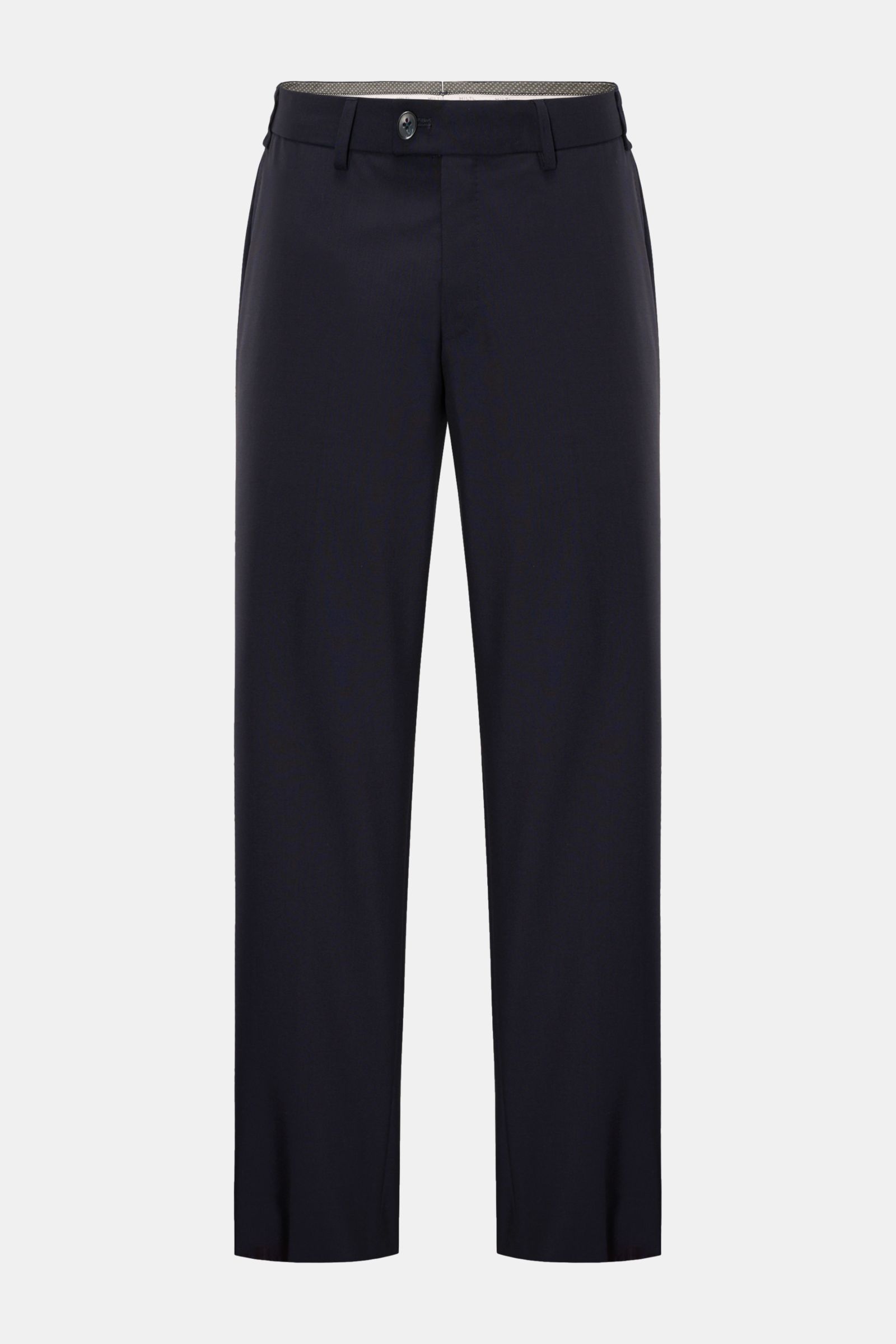 Hiltl Wollhose 'Piacenza' dark navy, frontale Aufnahme, Twill aus reiner Wolle, feine Qualität, glatter Griff, Regular Fit, gerader Schnitt, Reißverschluss, Bundknopf, französische Taschen, Gesäßtaschen mit Knopf, offene Länge.