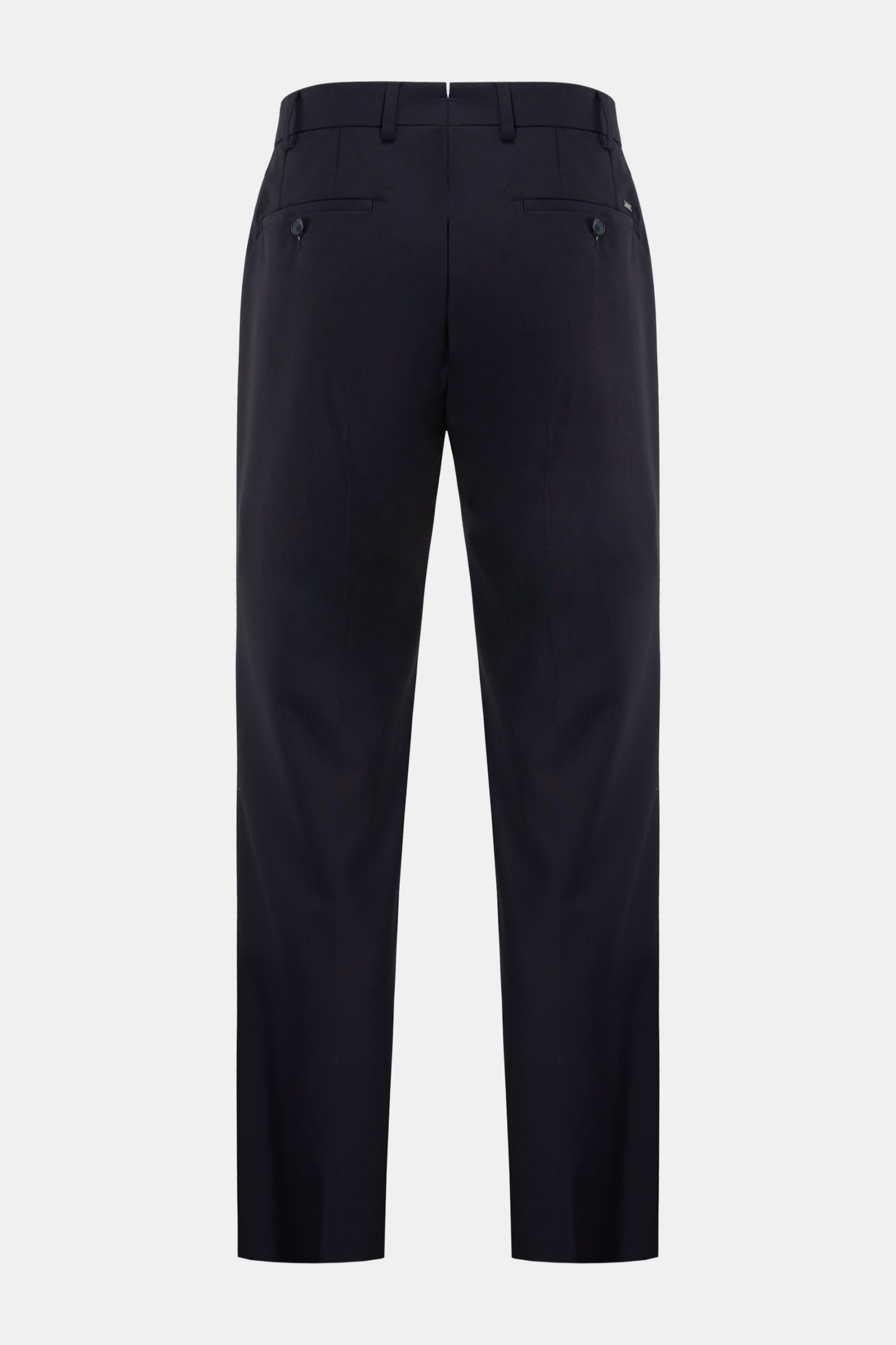 Hiltl Wollhose 'Piacenza' dark navy, Rückansicht, Twill aus reiner Wolle, feine Qualität, glatter Griff, Regular Fit, gerader Schnitt, Reißverschluss, Bundknopf, französische Taschen, Gesäßtaschen mit Knopf, offene Länge.