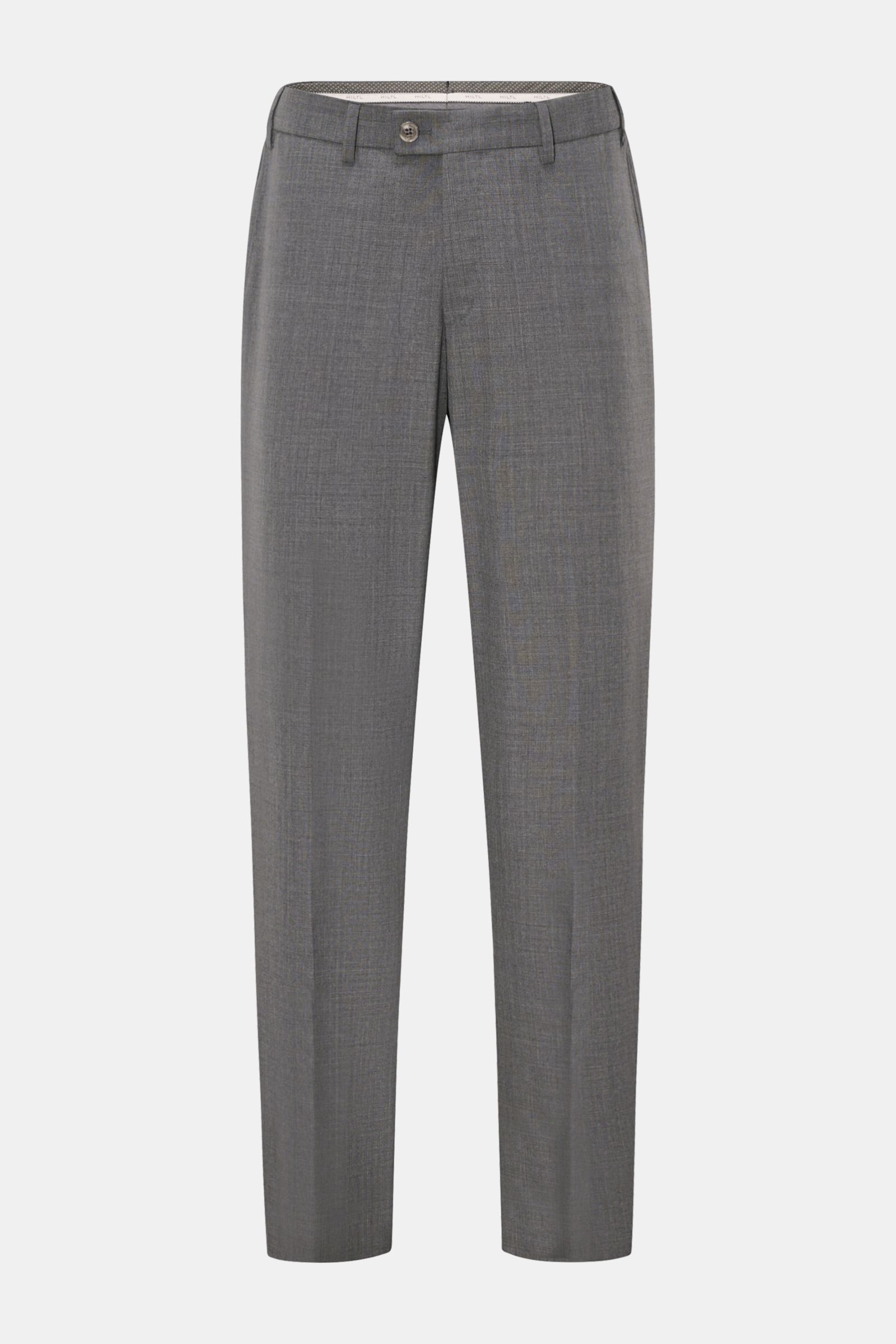 Hiltl Wollhose 'Piacenza' dunkelgrau meliert, frontale Ansicht, reine feinste Wolle, feiner Twill, glatter Griff, Regular Fit, gerader Schnitt, Reißverschluss mit Bundknopf, französische Taschen, Gesäßtaschen mit Knopf, offene Länge.