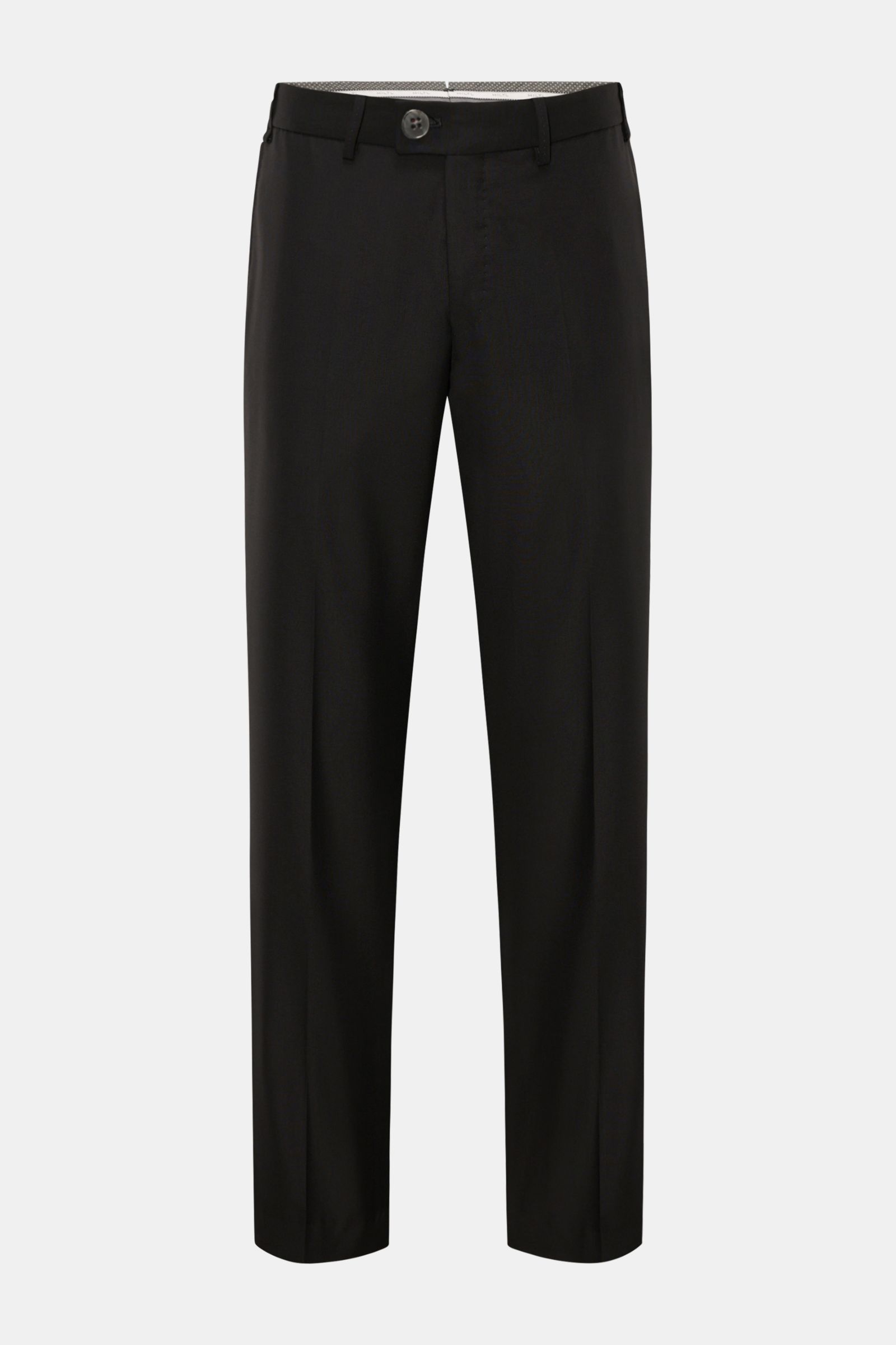 Hiltl Wollhose 'Piacenza' schwarz, Frontansicht, Twill aus reiner Wolle, feine Qualität, glatter Griff, Regular Fit, gerader Schnitt, Reißverschluss, Bundknopf, französische Taschen, Gesäßtaschen mit Knopf, offene Länge.