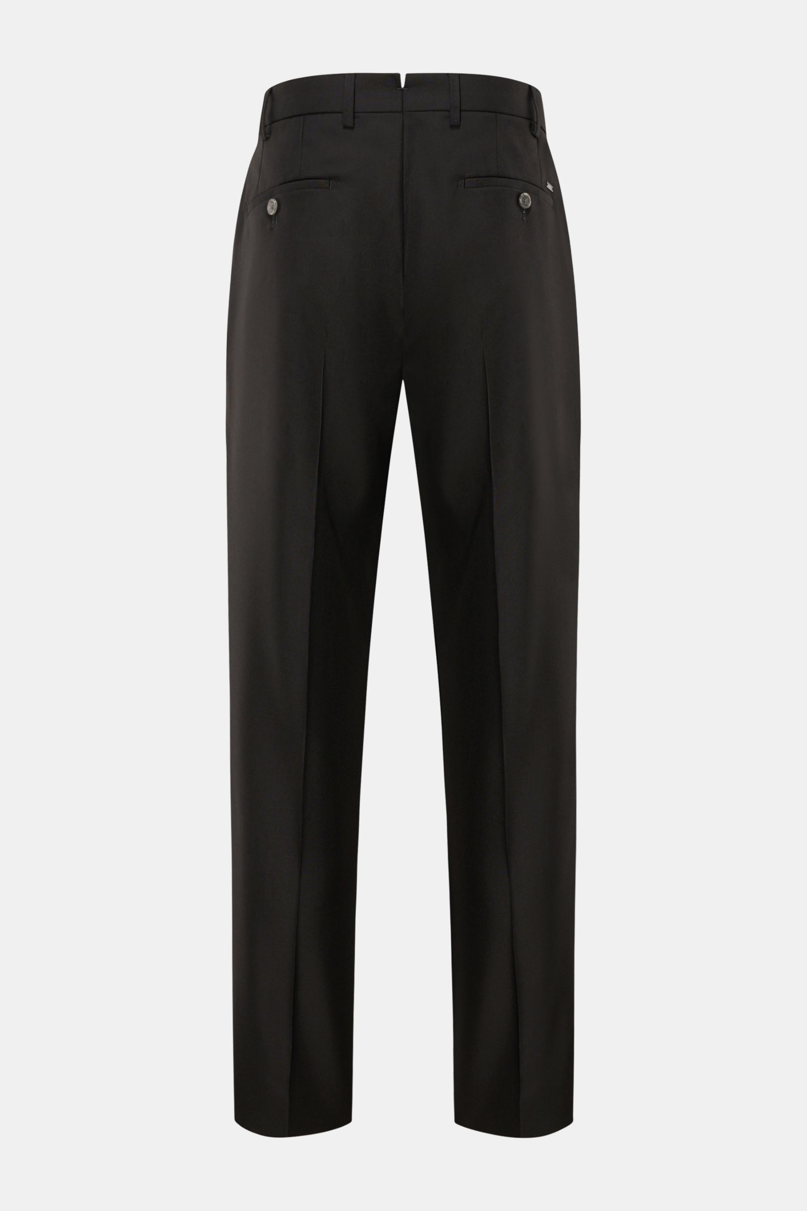 Hiltl Wollhose 'Piacenza' schwarz, Rückansicht, Regular Fit, Twill aus reiner Wolle, glatter Griff, gerader Schnitt, französische Taschen, Reißverschluss, Bundknopf, Gesäßtaschen mit Knopf, offene Länge.