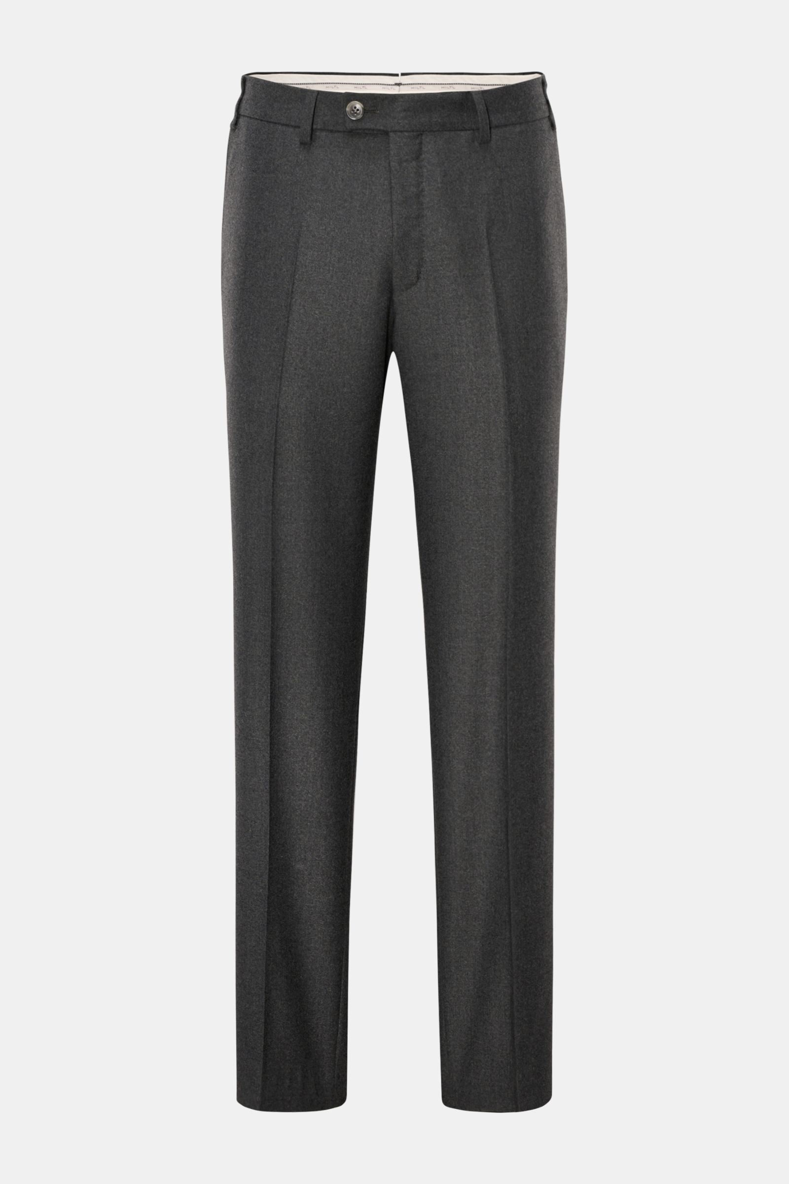 Hiltl Wollhose 'Piacenza' dunkelgrau meliert, Frontansicht, Regular Fit, Twill aus Wolle und Cashmere, Bund mit Knopf, französische Taschen.