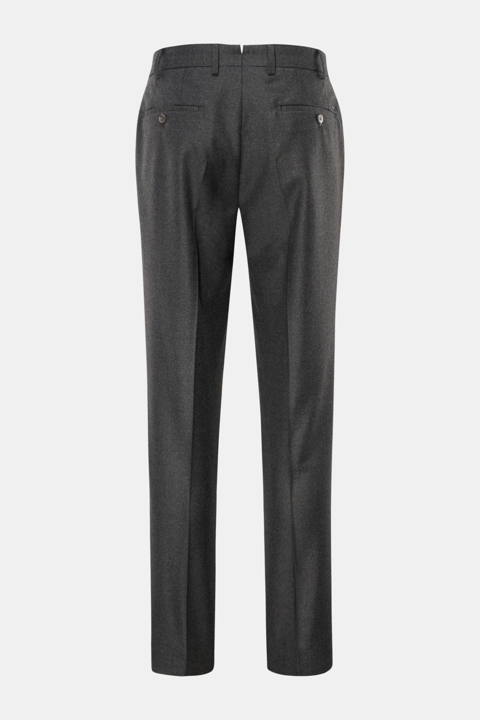 Hiltl Wollhose 'Piacenza' dunkelgrau meliert in Rückansicht, Regular Fit, Twill aus Wolle und Cashmere, mit französischen Taschen und Knopfdetails.
