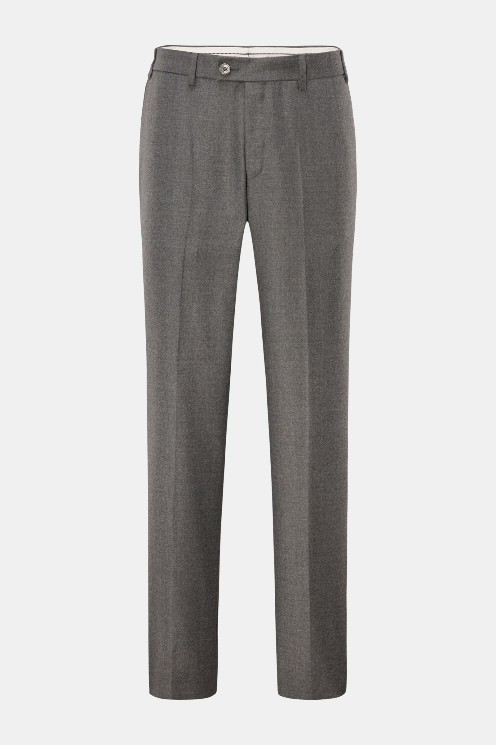 Front view of Hiltl Wollhose 'Piacenza' grau meliert, a pair of gray melange wool and cashmere twill pants with a regular fit, straight cut, zipper and button closure, French pockets, buttoned back pockets, and open length. Office Essential: Die HILTL Hos