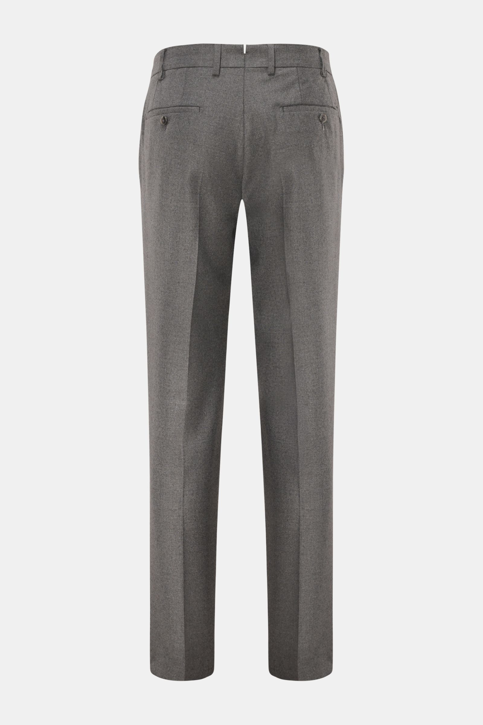 Rear view of Hiltl Wollhose 'Piacenza' grau meliert, gray wool-cashmere twill pants with regular fit, straight cut, buttoned back pockets, and zipper closure, combining precise tailoring and modern comfort for business looks. Office Essential: Die HILTL H