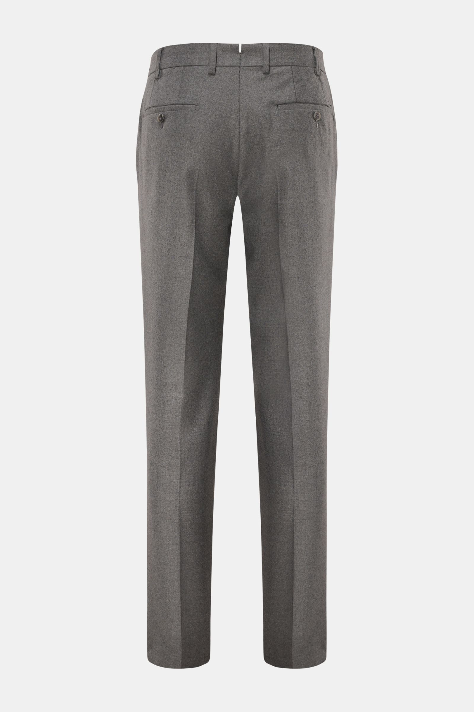 Hiltl Wollhose 'Piacenza' grau meliert shown from the back, made of wool and cashmere twill, regular fit, straight cut, with buttoned back pockets and French front pockets. 

Office Essential: Die HILTL Hose 'Piacenza' vereint präzise Schneiderkunst mi
