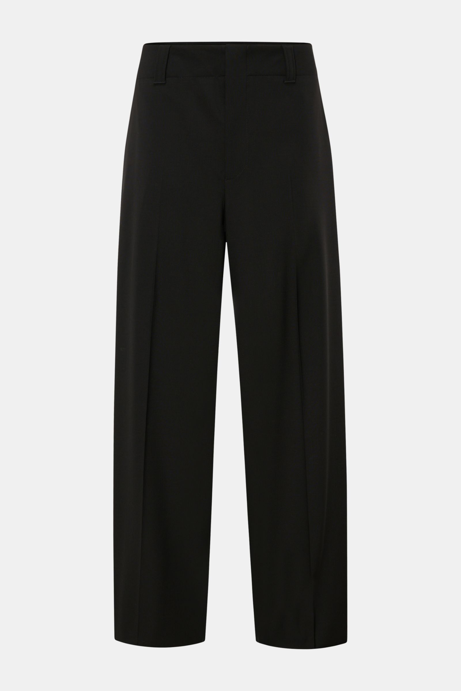 Front view of Emporio Armani Wool trousers black, regular fit with straight, short cut, zip and hook fastener, side seam pockets, and jetted back pockets, made from elastic virgin wool with a soft feel, open length, perfect office essential for comfortabl