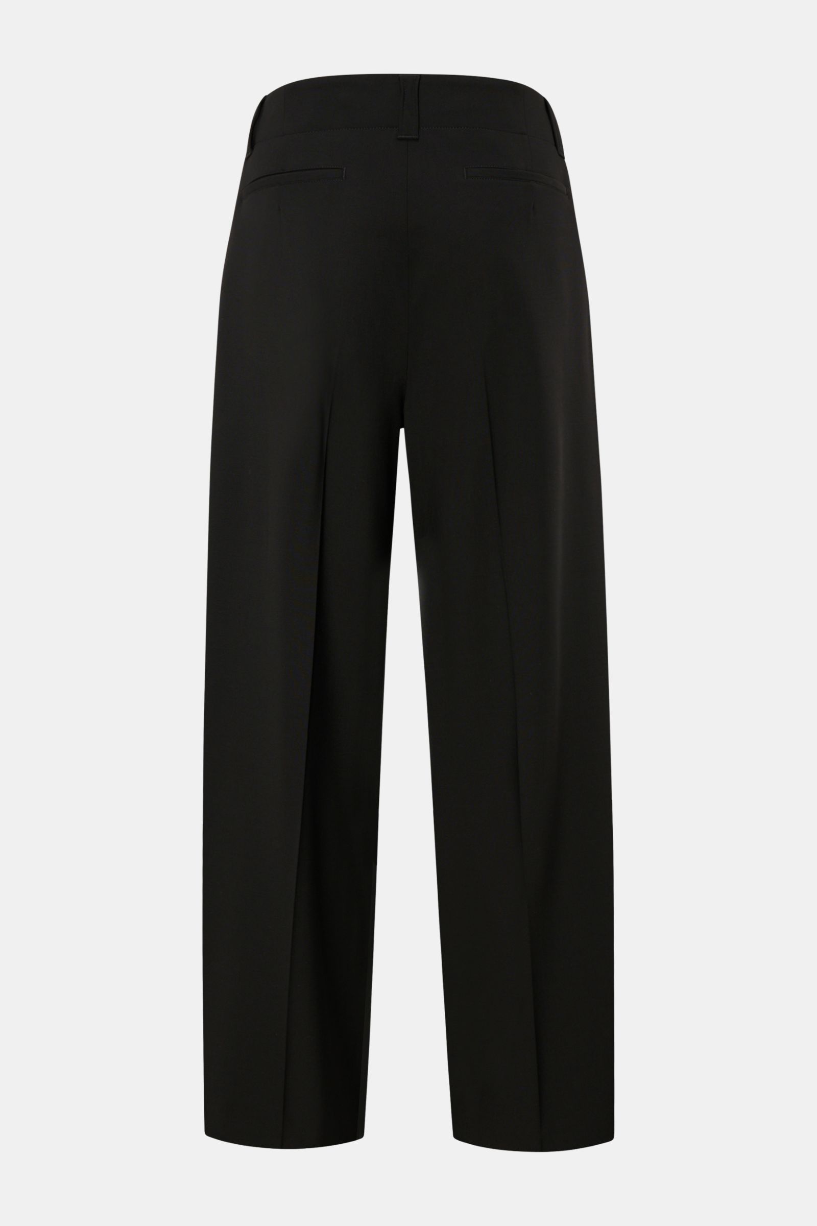 Rear view of Emporio Armani Wool trousers black, office essential made of elastic virgin wool, soft feel, regular fit, straight short cut, zip and hook fastener, side seam pockets, jetted back pockets, open length.