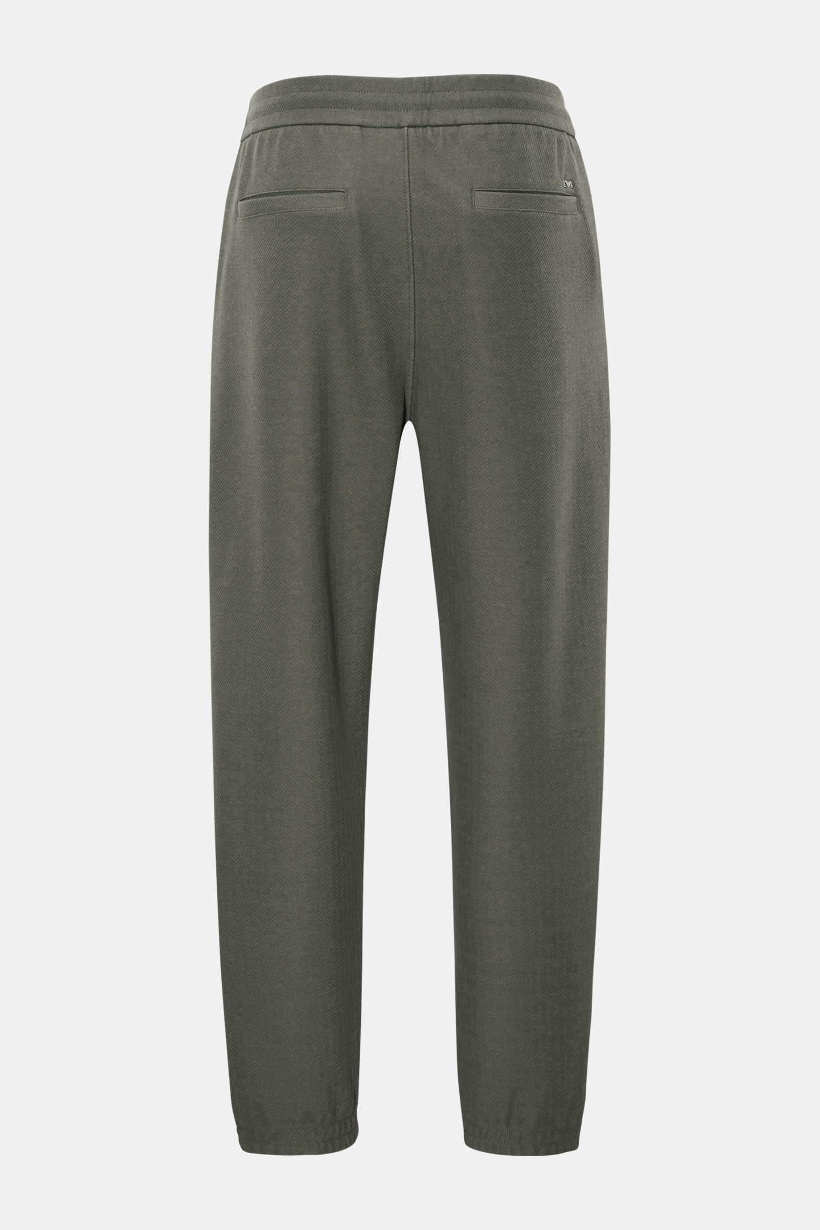 Rear view of Emporio Armani Jogger pants dark grey in a slightly textured cotton and Lyocell blend with tapered fit, elasticated waistband, French and jetted back pockets, and elasticated cuffs.
