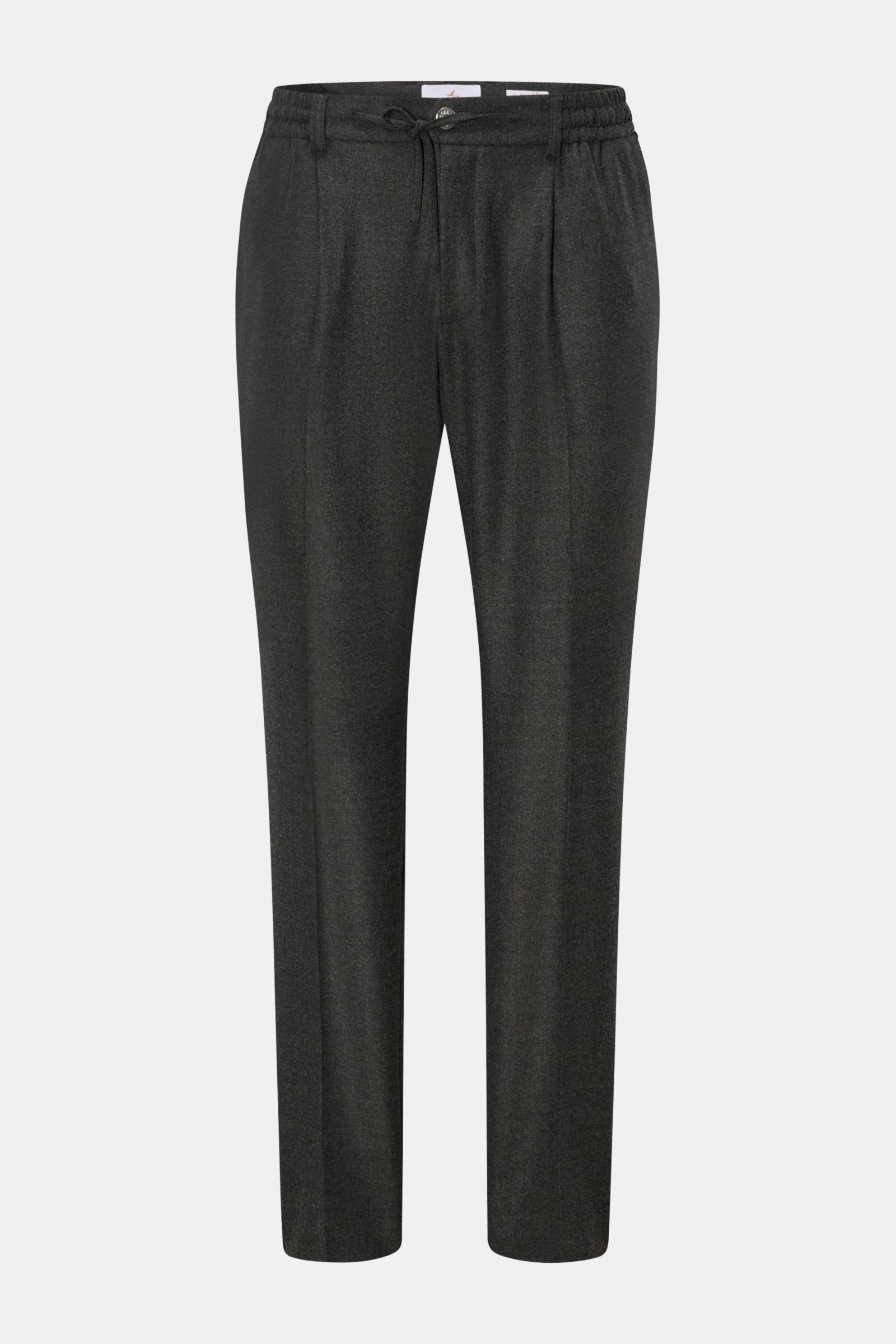 Front view of Ace Denim Wool jogger pants dark grey melange made of virgin wool twill, slightly elasticated fabric, very soft feel, regular fit, slightly tapered cut, zip and waist buttons, partially elasticated waistband with drawstring, French pockets, 