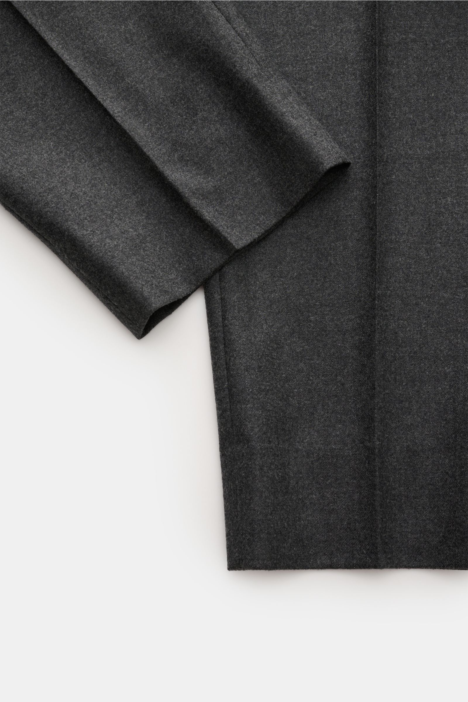 Ace Denim Wool jogger pants dark grey melange shown from a flat lay top-down perspective, made of virgin wool twill with slightly elasticated fabric, very soft feel, regular fit, slightly tapered cut, zip and waist buttons, partially elasticated waistband