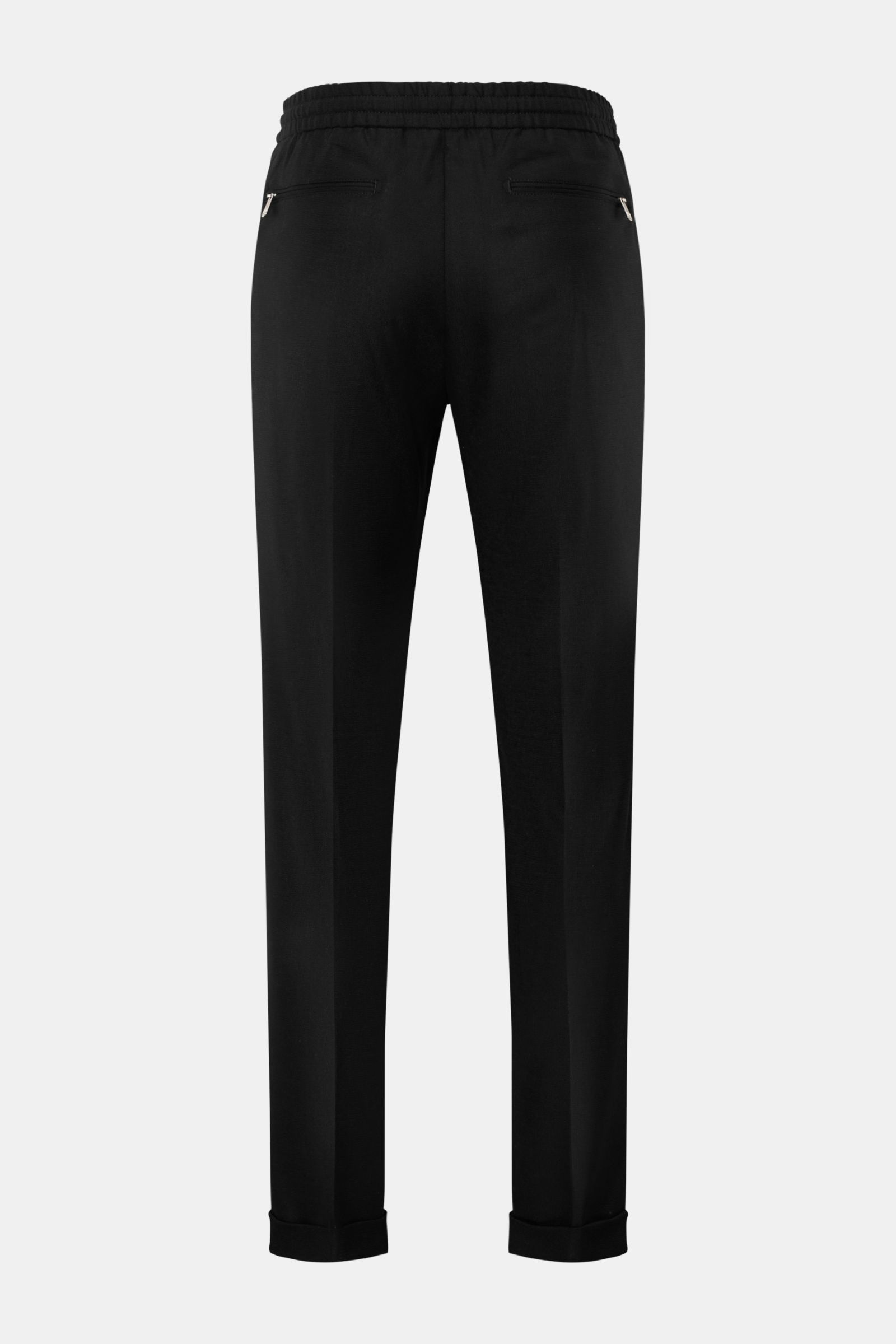 Marco Pescarolo Woll-Jogpants 'Caracciolo' schwarz, Rückansicht, schmal zulaufend, Regular Fit, elastischer Bund, Reißverschluss, paspelierte Taschen, fixierter Saumaufschlag.
