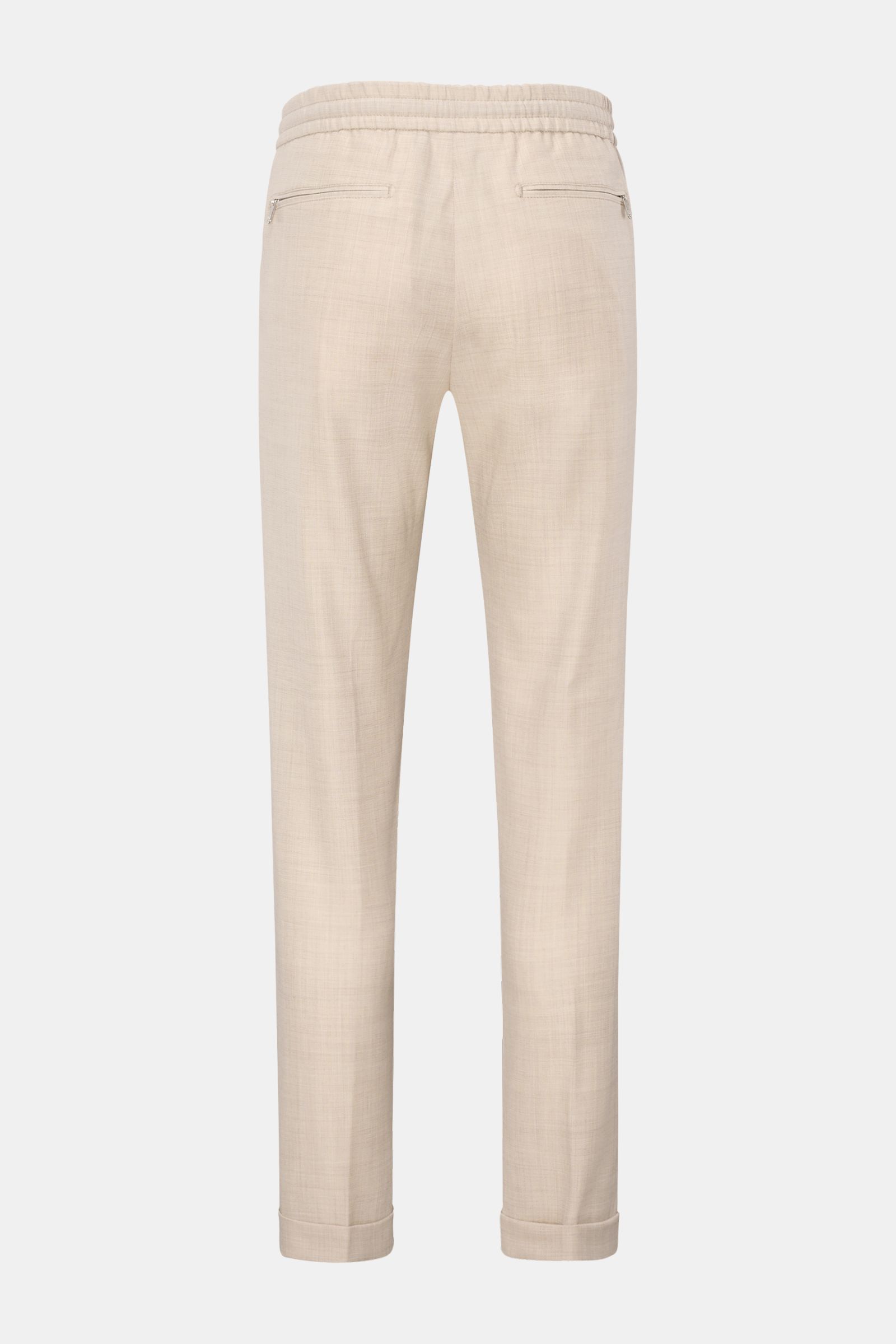 Marco Pescarolo Woll-Jogpants 'Caracciolo' beige meliert shown from the back, slim tapered fit with elastic waistband, zippered back pockets, and fixed cuffs. Die elegante Jogpants 'Caracciolo' vom italienischen Modelabel MARCO PESCAROLO vereint edle Schu