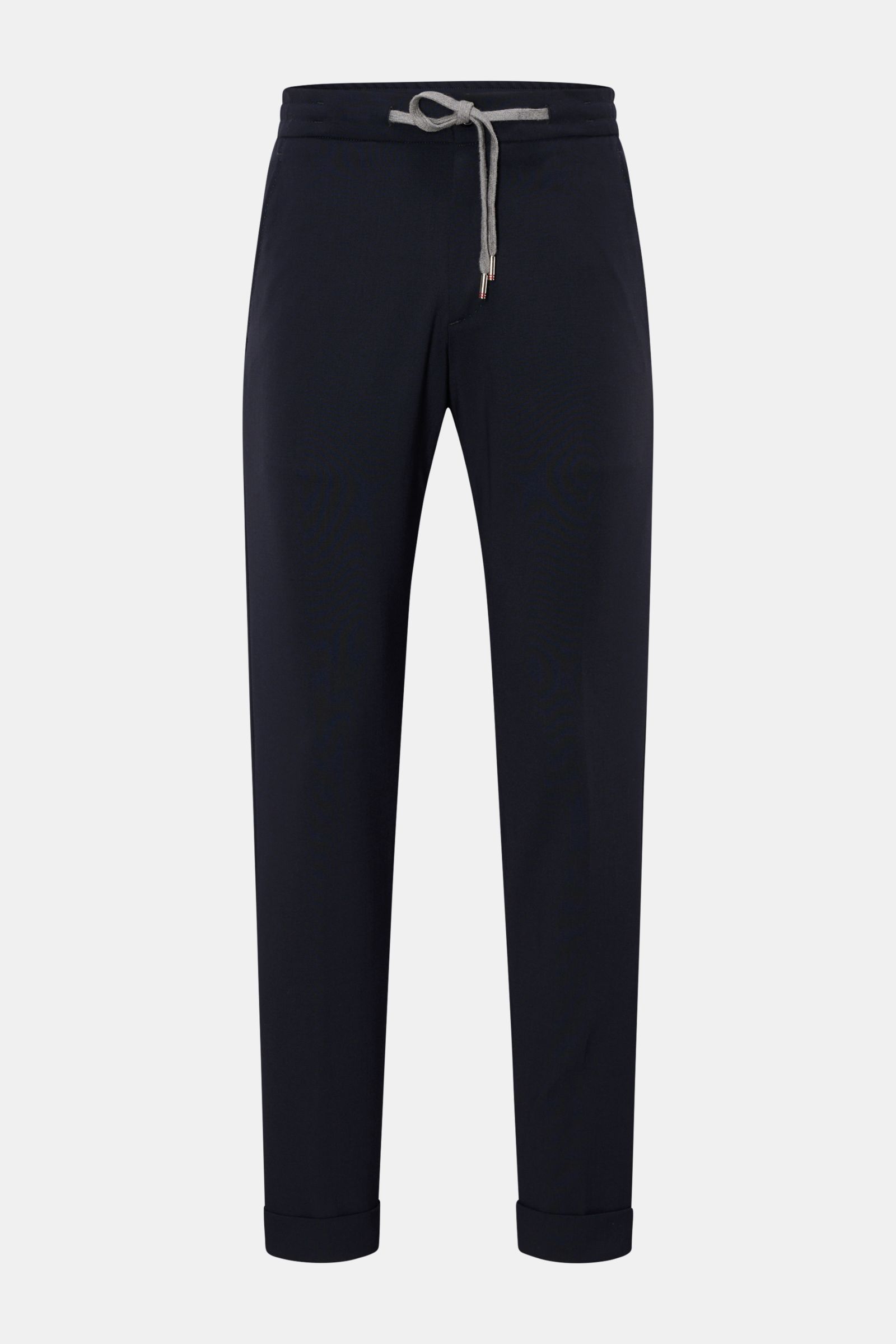 Marco Pescarolo Woll-Jogpants 'Caracciolo' navy, Frontansicht, Regular Fit, schmal zulaufend, elastischer Bund mit Tunnelzug, Reißverschluss, Bundknopf, paspelierte Taschen.