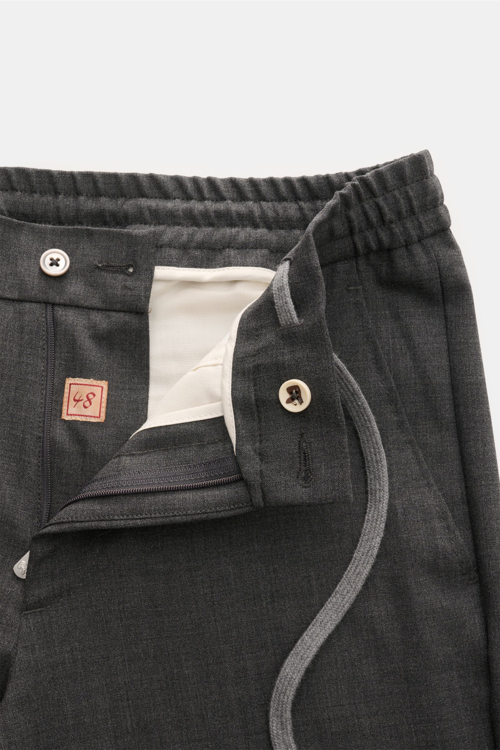 Marco Pescarolo Woll-Jogpants 'Caracciolo' dunkelgrau meliert, Front nah, elastischer Bund, Tunnelzug, Reißverschluss, Knopf, französische Taschen sichtbar.