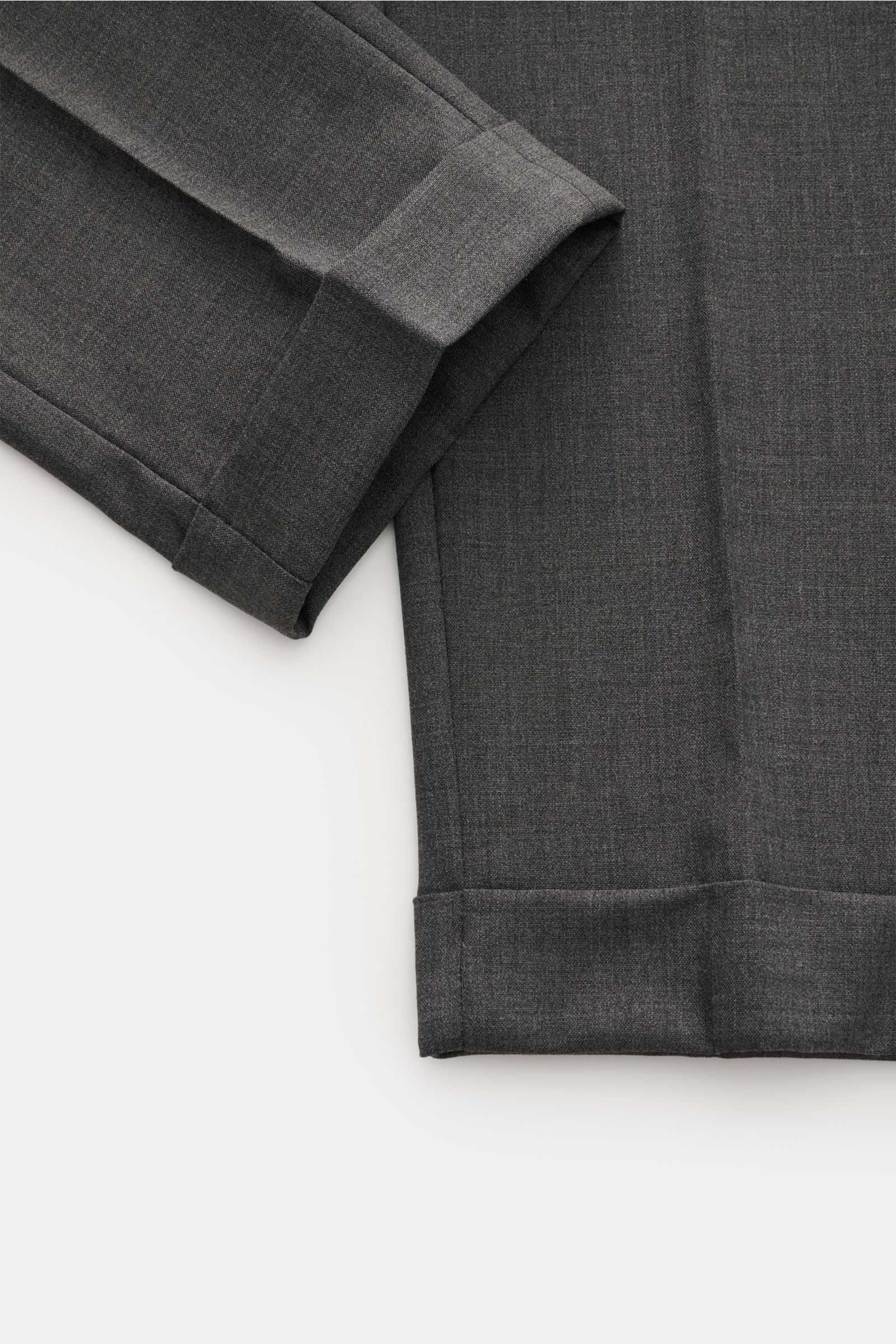 Marco Pescarolo Woll-Jogpants 'Caracciolo' dunkelgrau meliert, Detailaufnahme von Saumaufschlag und Bein, Regular Fit, leicht elastische Schurwolle.