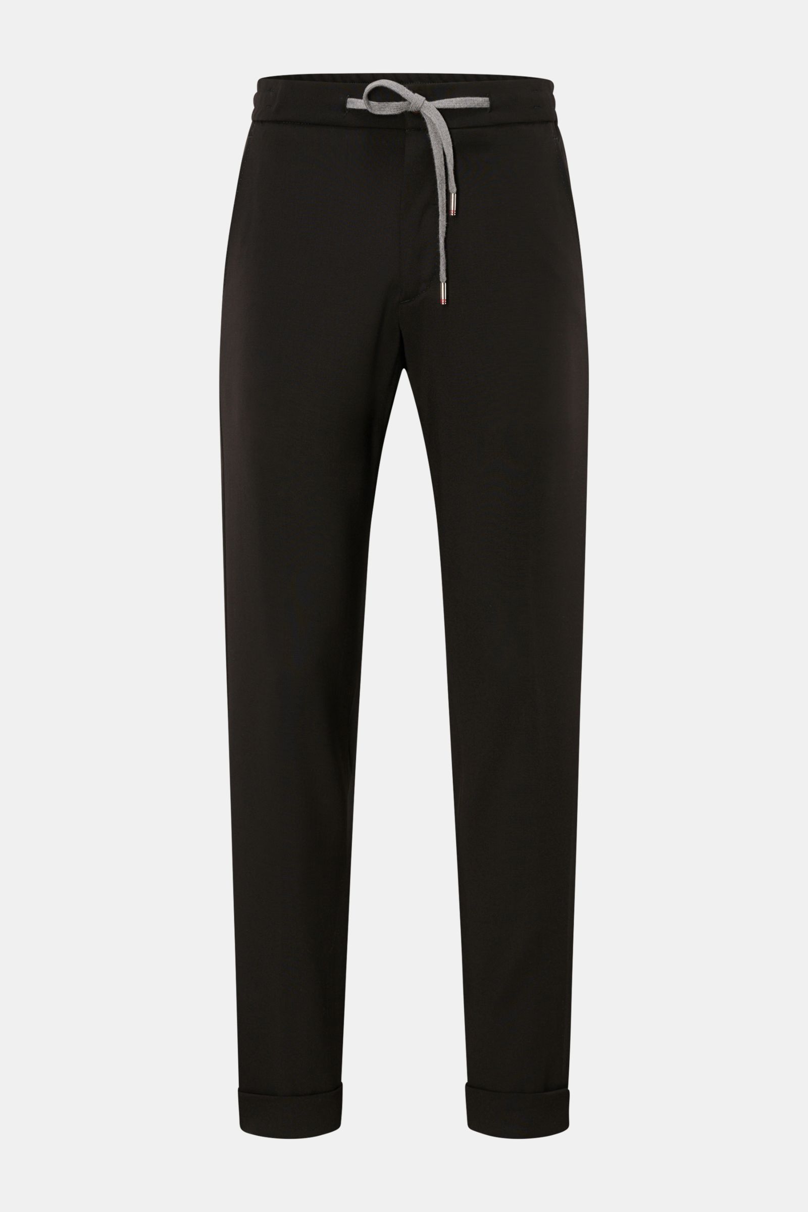 Marco Pescarolo Woll-Jogpants 'Caracciolo' dunkelbraun, frontale Ansicht, Regular Fit, schmal zulaufend, elastischer Bund mit Tunnelzug, französische Taschen, Saumaufschlag.