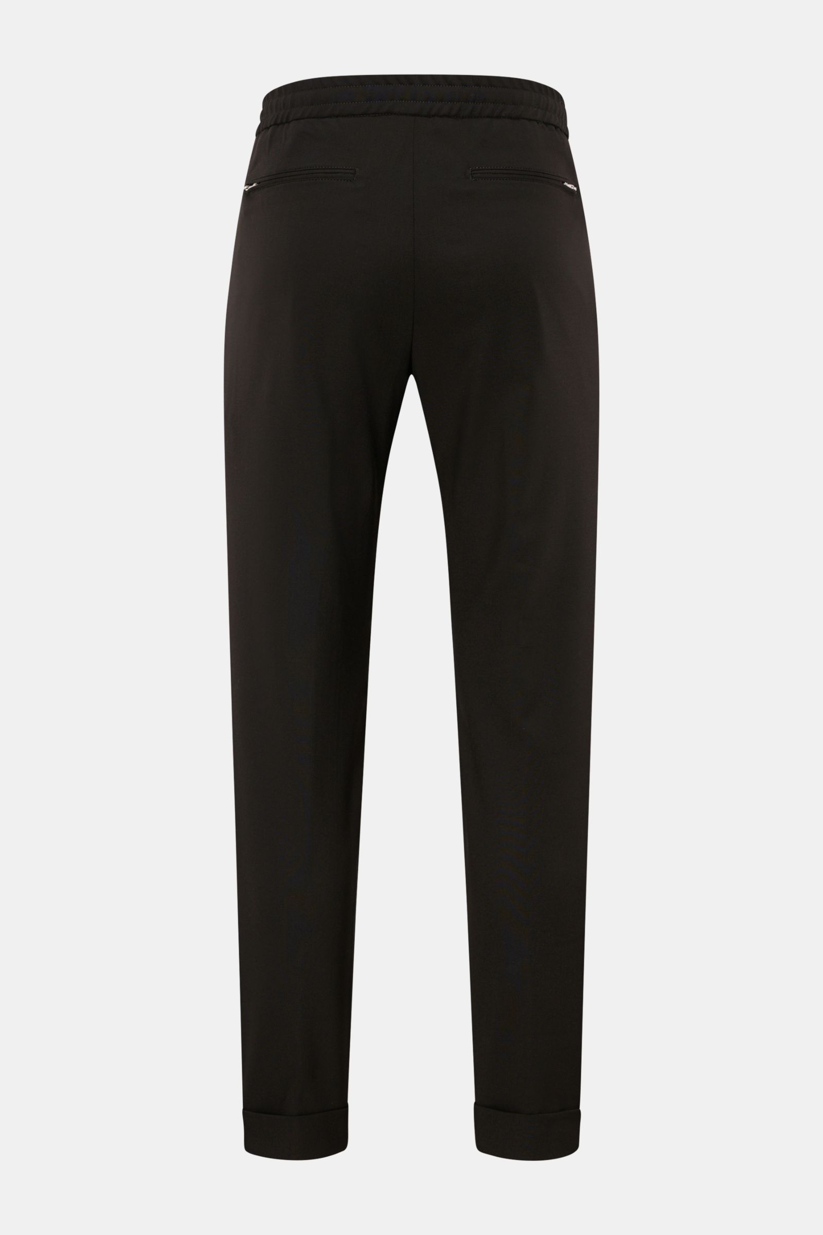 Marco Pescarolo Woll-Jogpants 'Caracciolo' dunkelbraun von hinten, Regular Fit, schmal zulaufend, mit elastischem Bund, Reißverschluss, französischen Taschen.