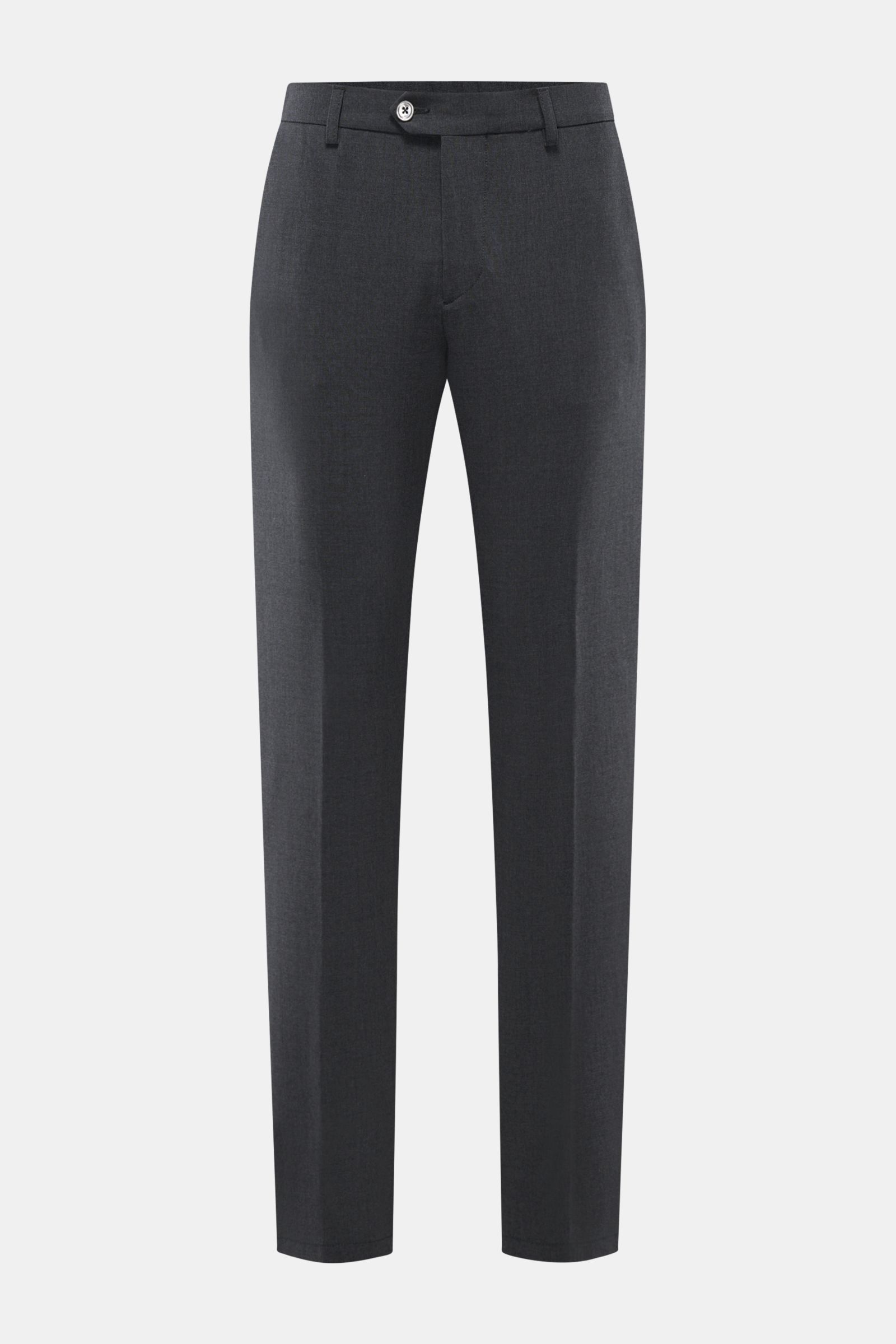 Front view of Marco Pescarolo Wollhose 'Evo' dunkelgrau meliert wool trousers, slim fit with elastic waistband and buttoned back pockets.

Exquisite Fertigung und Materialqualität sind kennzeichnend für die Produkte von MARCO PESCAROLO: So wie das Mode