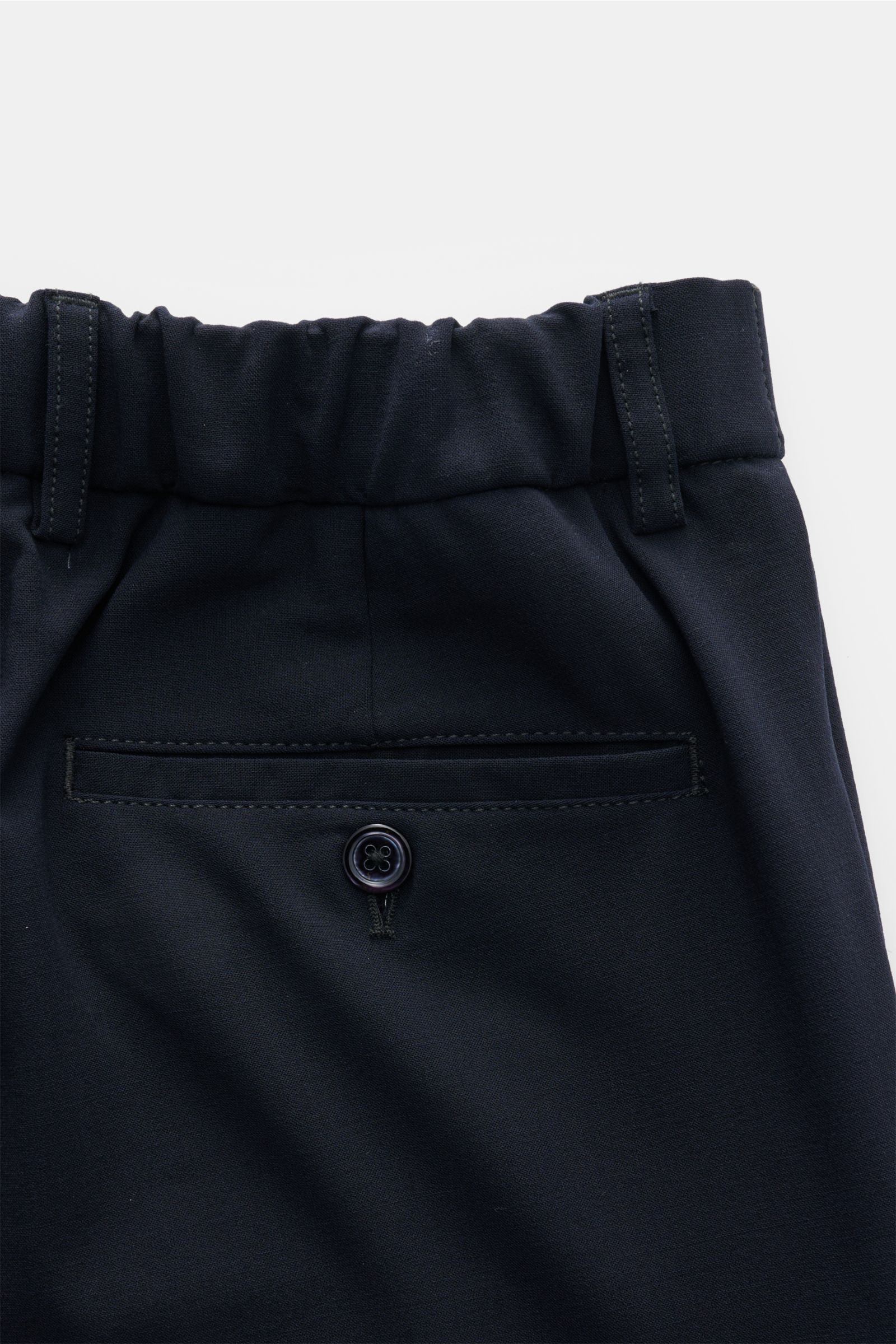 Marco Pescarolo Wollhose 'Evo' navy in Nahaufnahme von hinten, elastische Wolle, weicher Griff, teilelastischer Bund, Knopf-Gesäßtasche, Regular Fit.