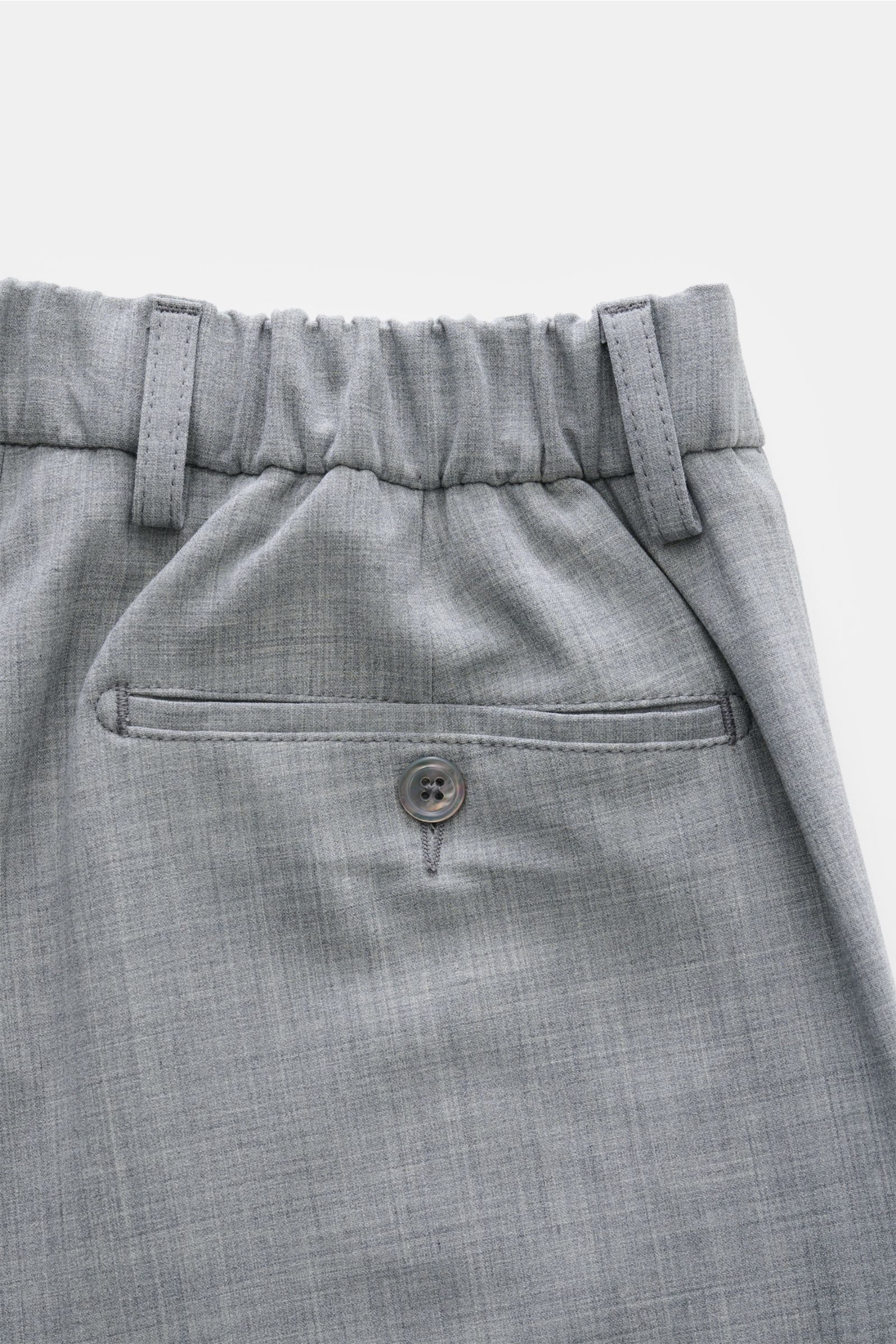 Marco Pescarolo Wollhose 'Evo' grau meliert, Detailansicht von hinten oben, elastische Wolle, teilelastischer Bund, Gesäßtasche mit Knopf, schmal zulaufend, Regular Fit.