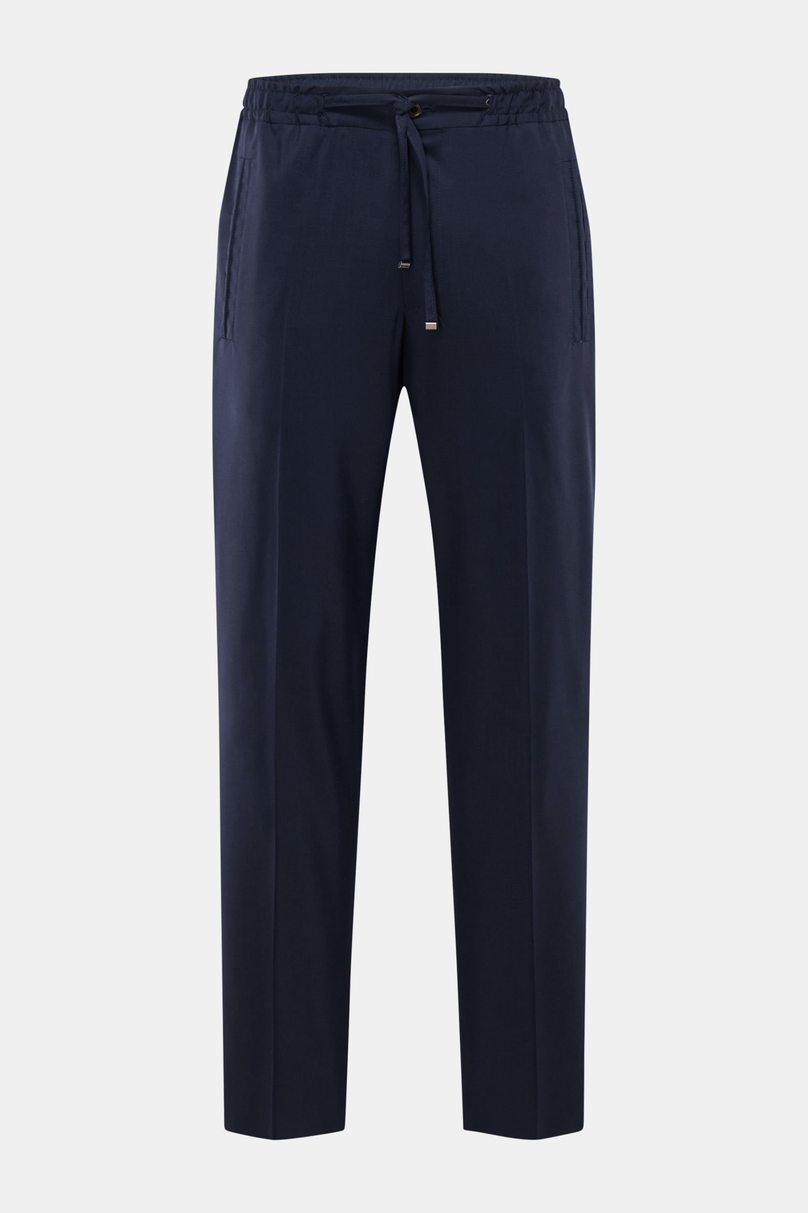 Corneliani Jogpants navy front view, slim fit joggers in navy blue with elastic waistband, drawstring, zip, button, and welt pockets, wool-silk blend.

Smart Casual mit Luxusfaktor: Die Jogpants von CORNELIANI überzeugt mit edler Schurwoll-Seidenmischu
