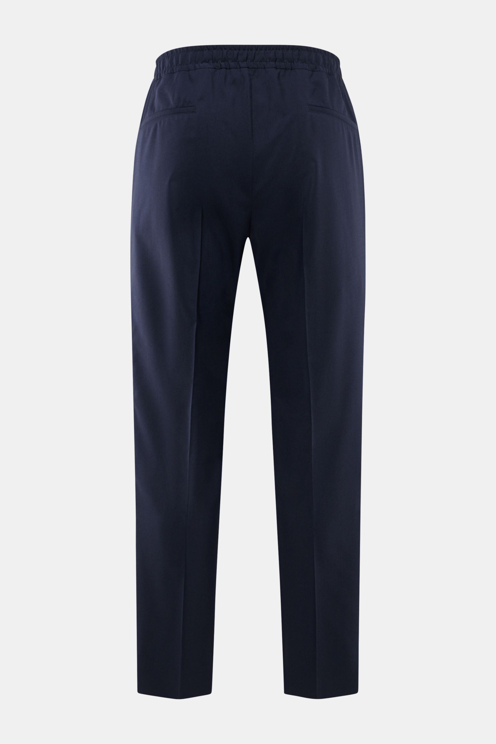 Rear view of Corneliani Jogpants navy in slim fit with elastic waistband, welt and piped back pockets, made of wool-silk blend fabric.