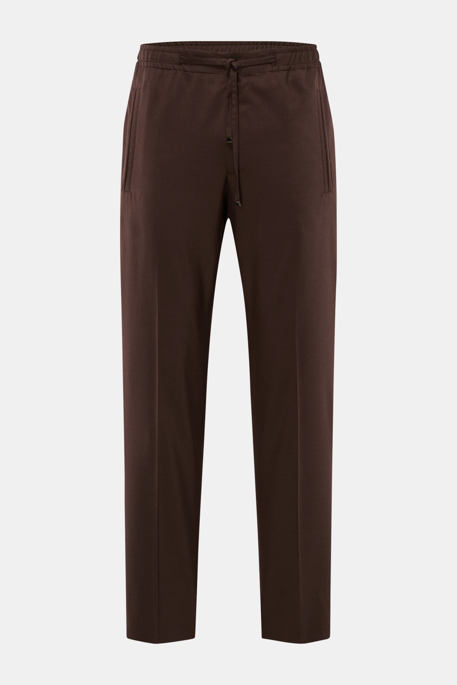 Front view of Corneliani Jogpants dunkelbraun in slim fit, dark brown wool-silk blend with elastic waistband, drawstring, and zip fly.

Description: Smart Casual mit Luxusfaktor: Die Jogpants von CORNELIANI überzeugt mit edler Schurwoll-Seidenmischung 