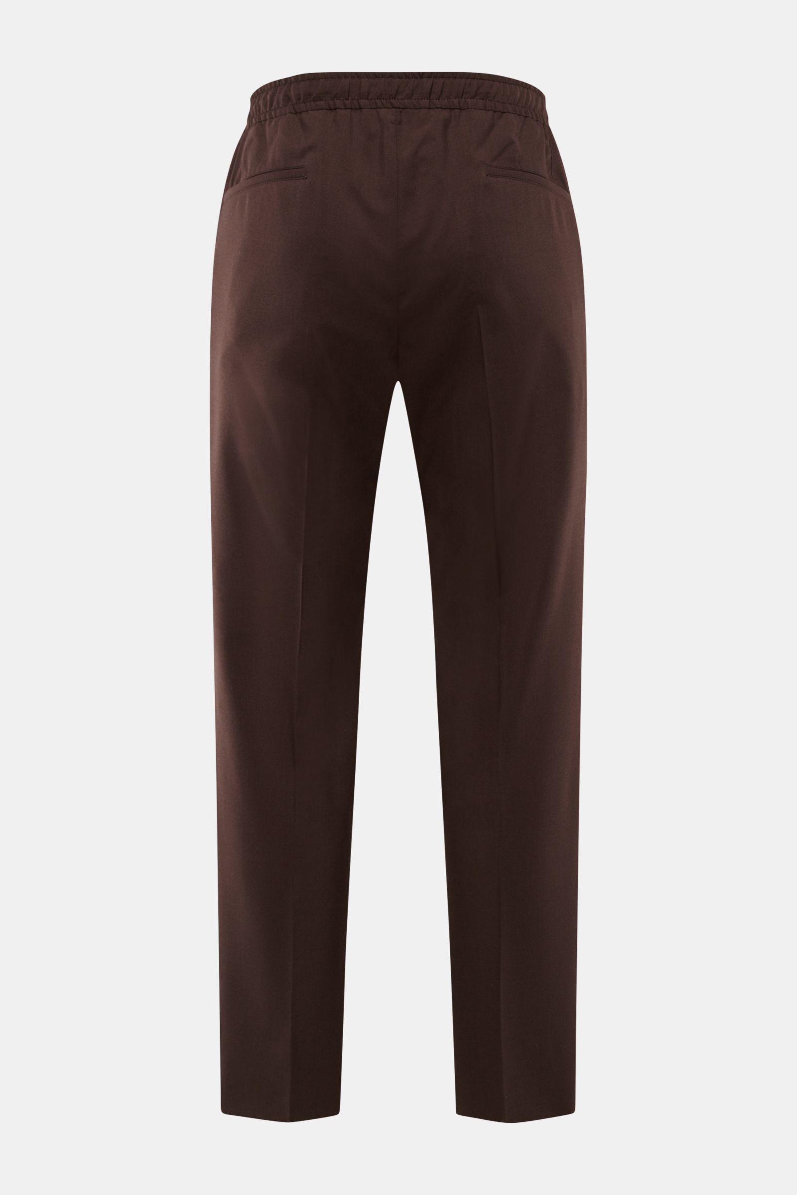 Corneliani Jogpants dunkelbraun shown from the back, slim fit wool-silk blend with elastic waistband, zipper, and welt pockets. Smart casual luxury with smooth feel, slightly tapered legs, French piped pockets, and open length.