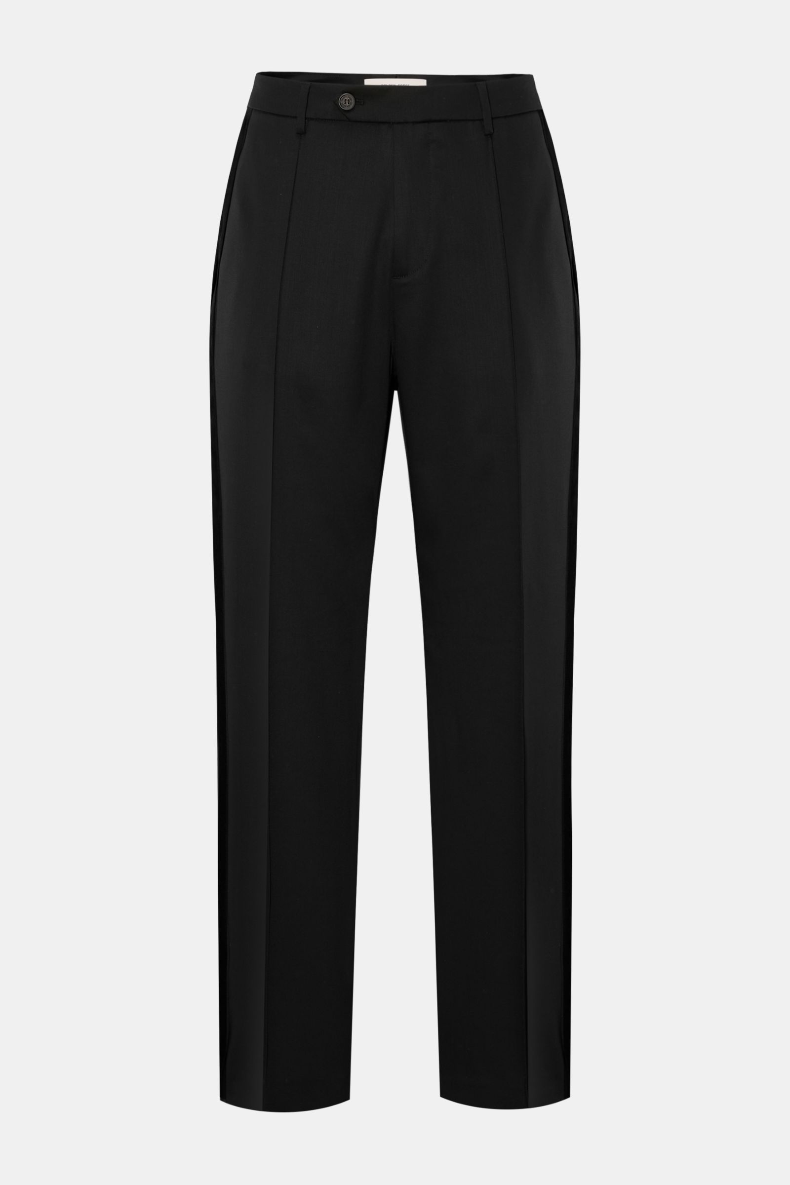 Golden Goose Wollhose 'Pablo' schwarz, frontal fotografiert, Slim Fit, aus reiner Schurwolle mit Galonstreifen, Bügelfalte, Taschen und Nieten-Detail.