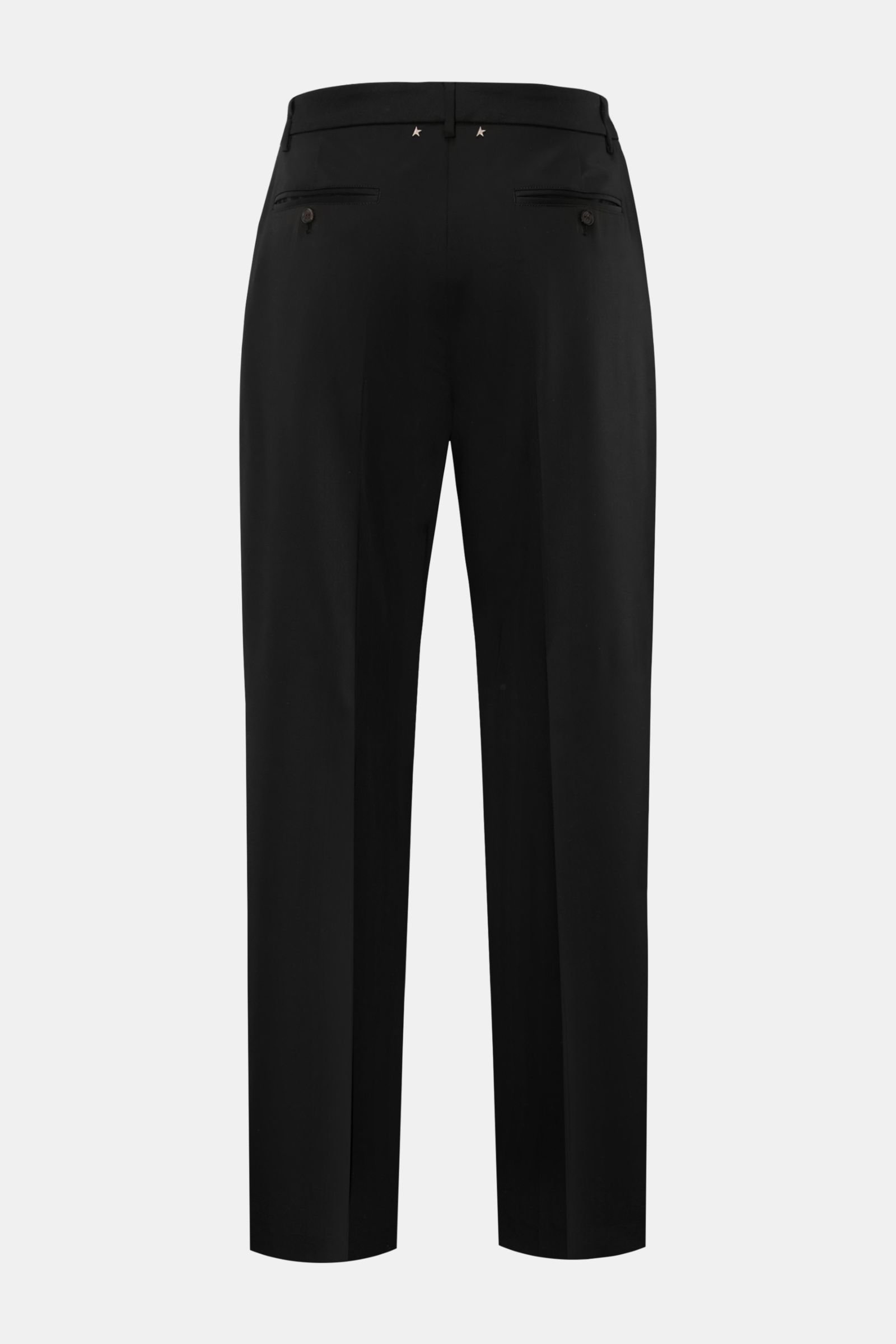Schwarze Golden Goose Wollhose 'Pablo' Rückansicht, Slim Fit aus reiner Schurwolle mit Galonstreifen, Bügelfalte, Taschen, Nieten-Detail.
