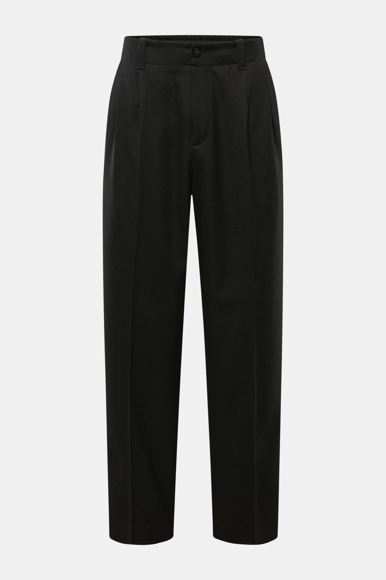Front view of Golden Goose Wool trousers black in pure virgin wool twill, tapered fit with double pleat, ankle length, zip and button, French and hip pockets, partially elasticated waistband, and rivet detail at the waist. Timeless elegance in a modern st