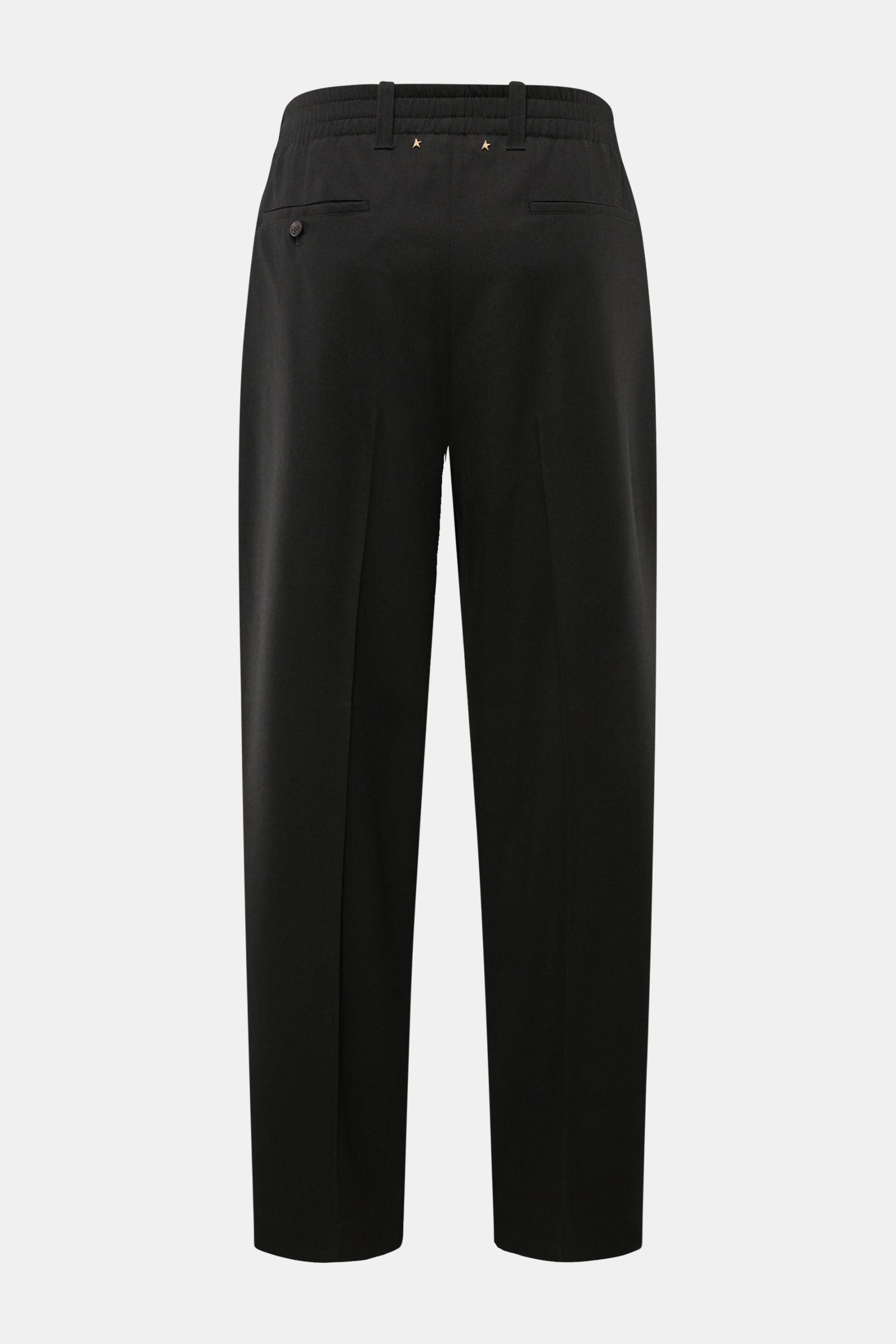 Golden Goose Wool trousers black shown from the back, ankle-length tapered fit in pure virgin wool twill with double pleat, French and hip pockets, partially elasticated waistband, zip and button closure, and rivet detail at the waist. Timeless elegance i
