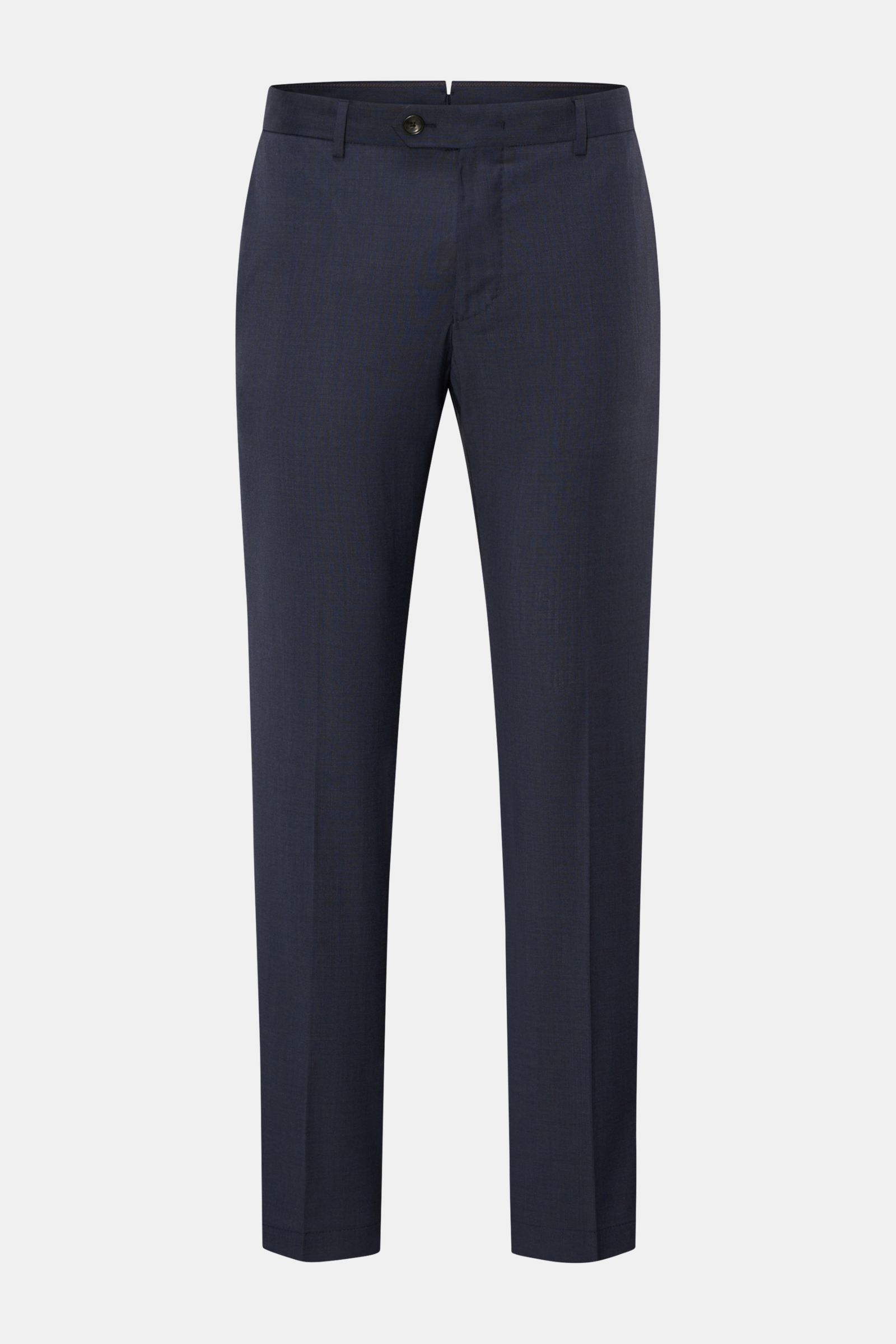 Front view of Windsor Wool trousers 'Peso' navy mottled, made of pure virgin wool with a smooth feel, regular fit, tapered cut, zip and waist buttons, French pockets, and jetted back pockets with button.

For a confident look: The model 'Peso' in the f